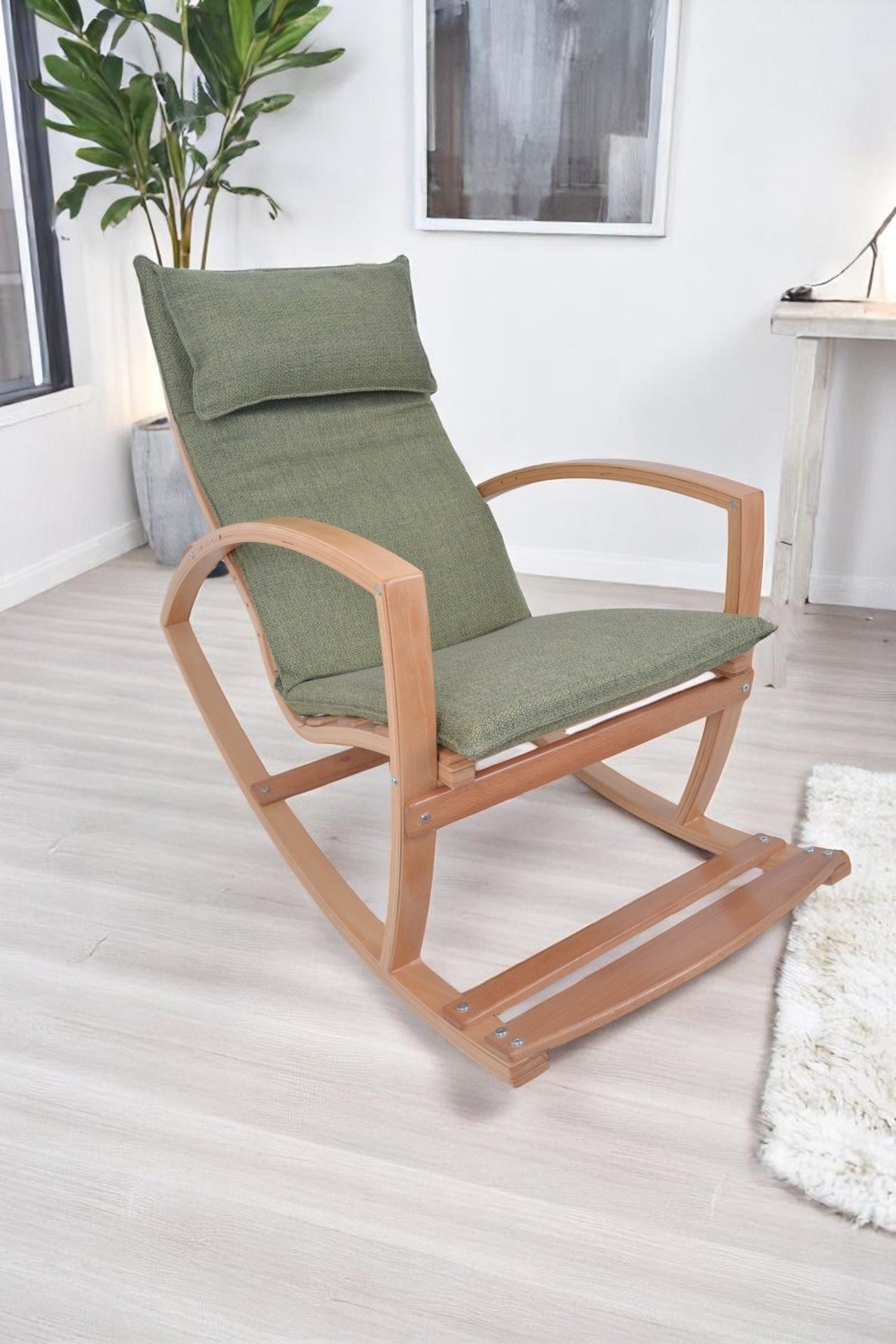 Modern Rocking Chair, Modern Accent Rocker Armchair With Wooden Frame, Upholstered High Back Wooden Rocking Chair for Contemporary Living Spaces, Green