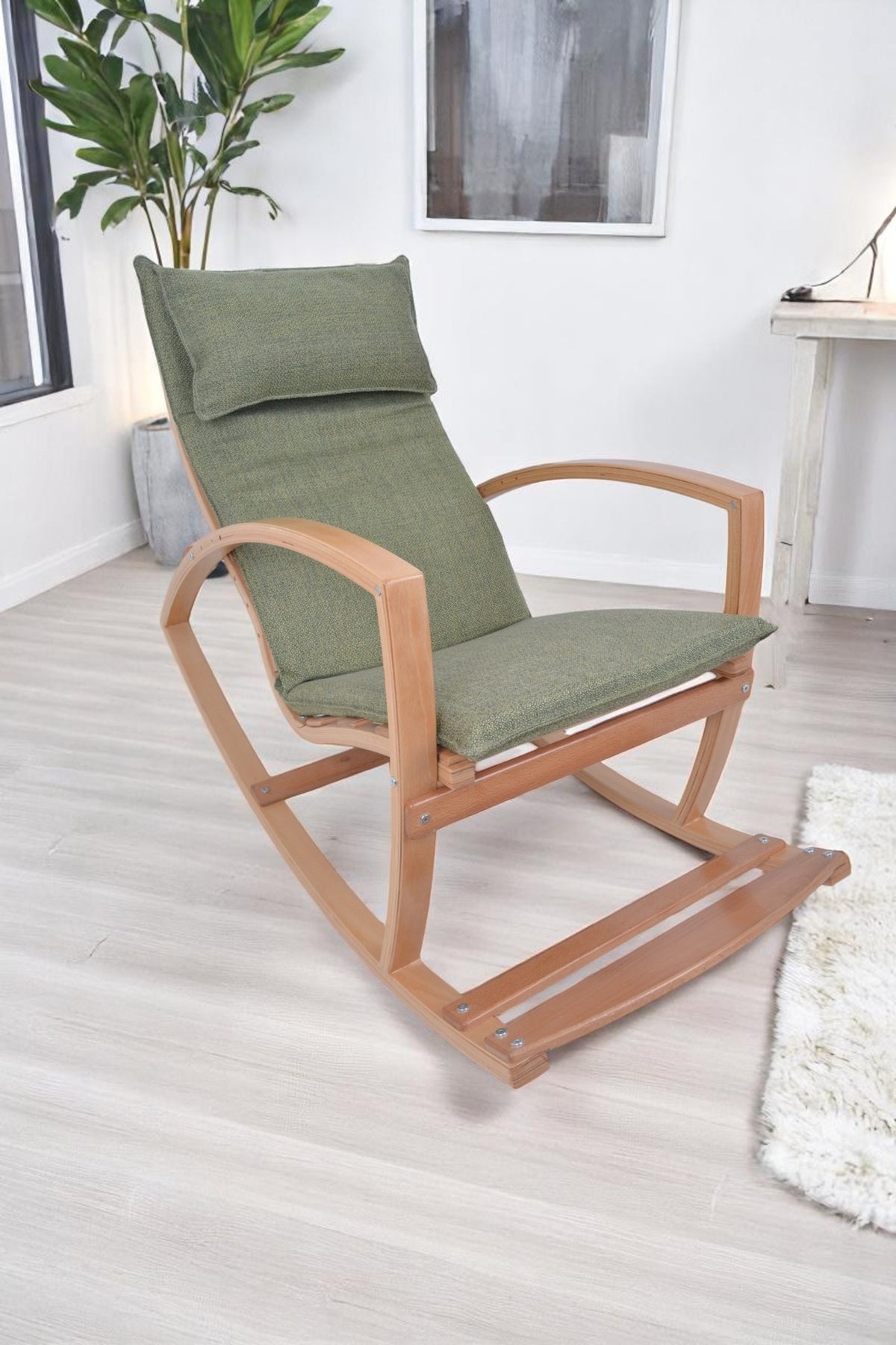 Modern Rocking Chair, Modern Accent Rocker Armchair With Wooden Frame, Upholstered High Back Wooden Rocking Chair for Contemporary Living Spaces, Green