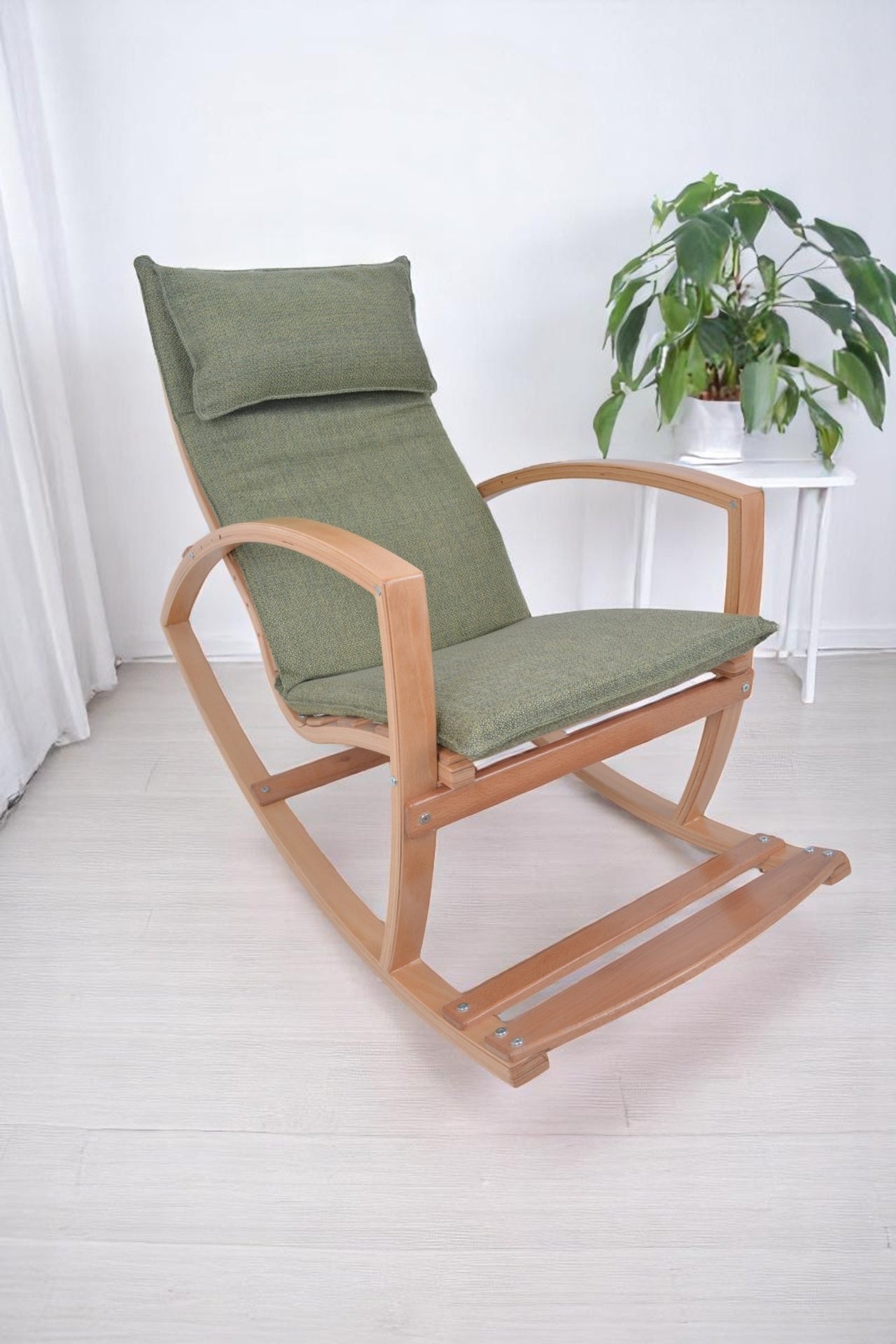 Modern Rocking Chair, Modern Accent Rocker Armchair With Wooden Frame, Upholstered High Back Wooden Rocking Chair for Contemporary Living Spaces, Green