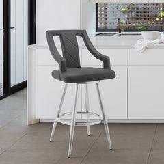Norcia 30" Gray Faux Leather and Brushed Stainless Steel Swivel Bar Stool