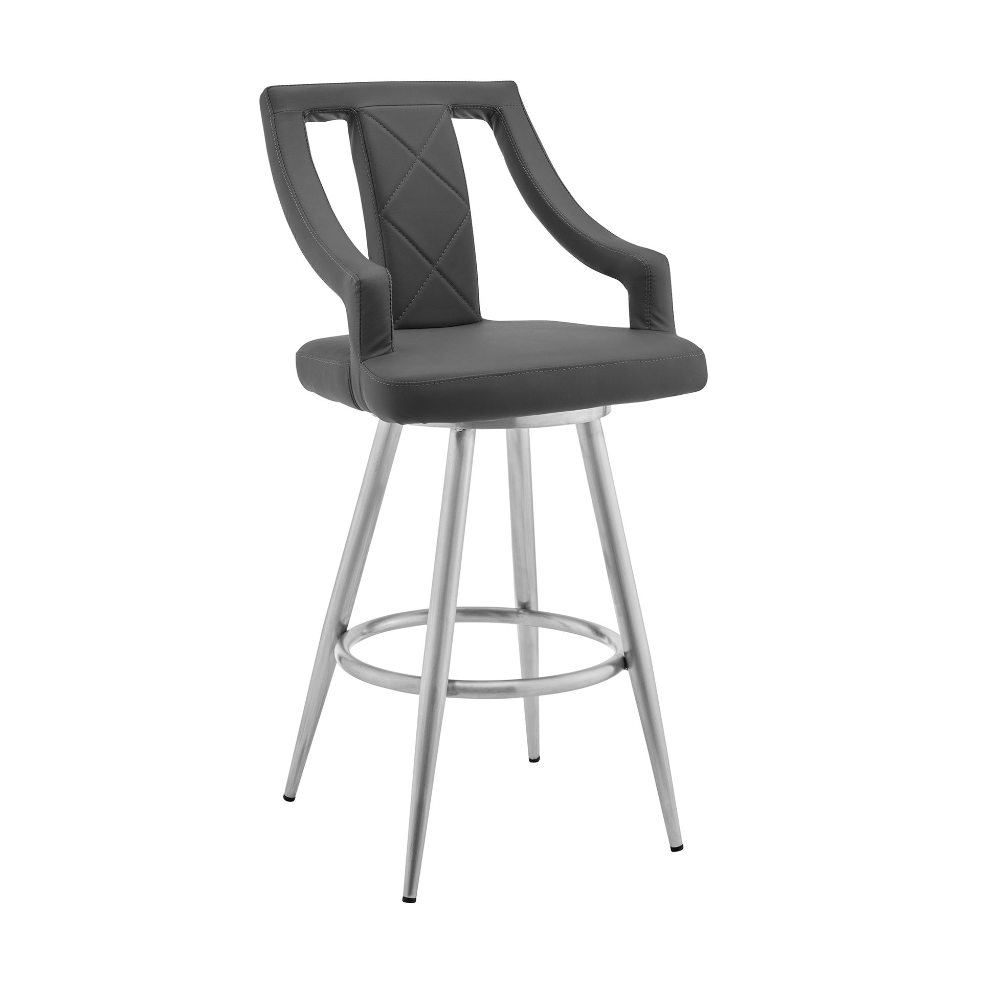 Norcia 30" Gray Faux Leather and Brushed Stainless Steel Swivel Bar Stool