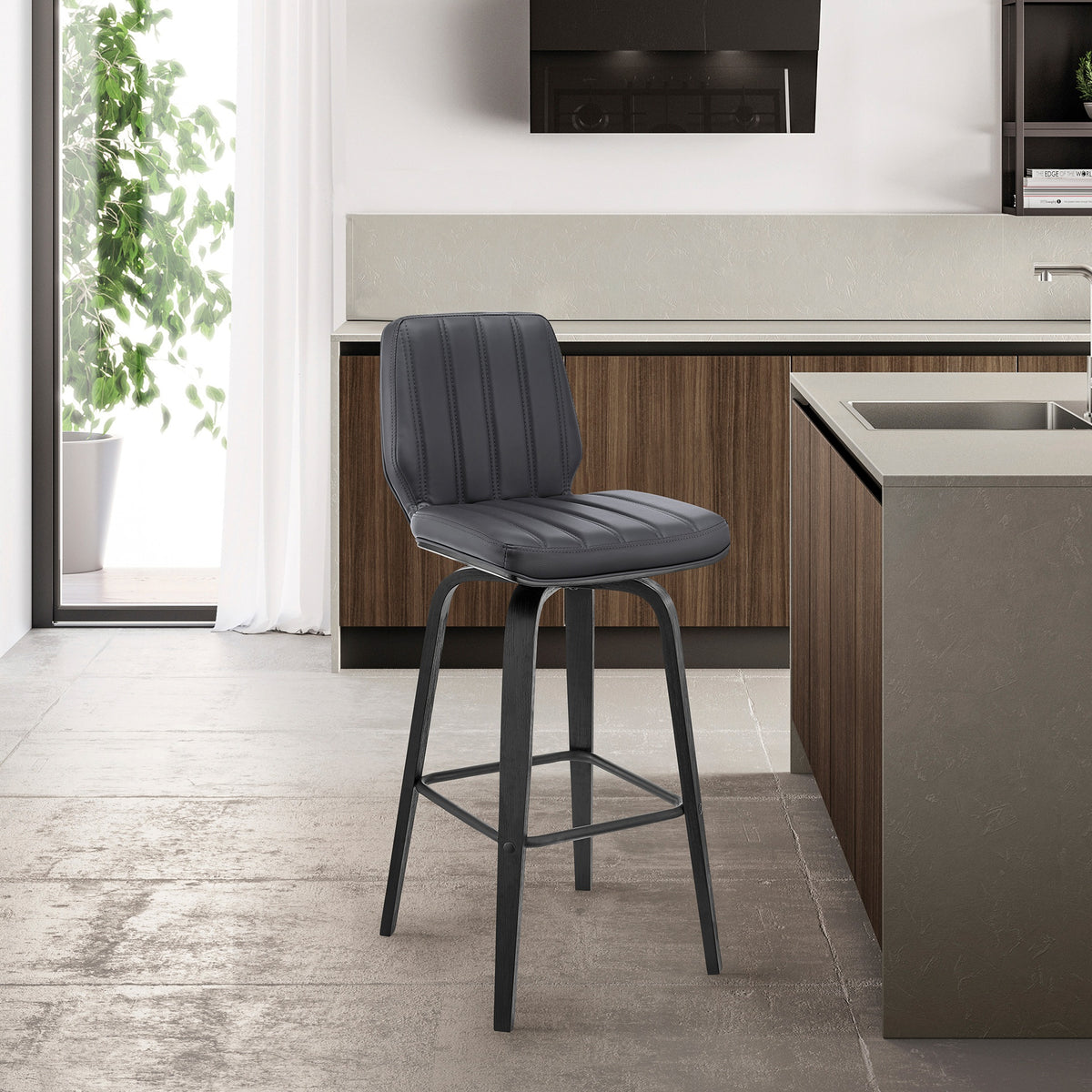 Quorin 30" Swivel Gray Faux Leather and Black Wood Bar Stool