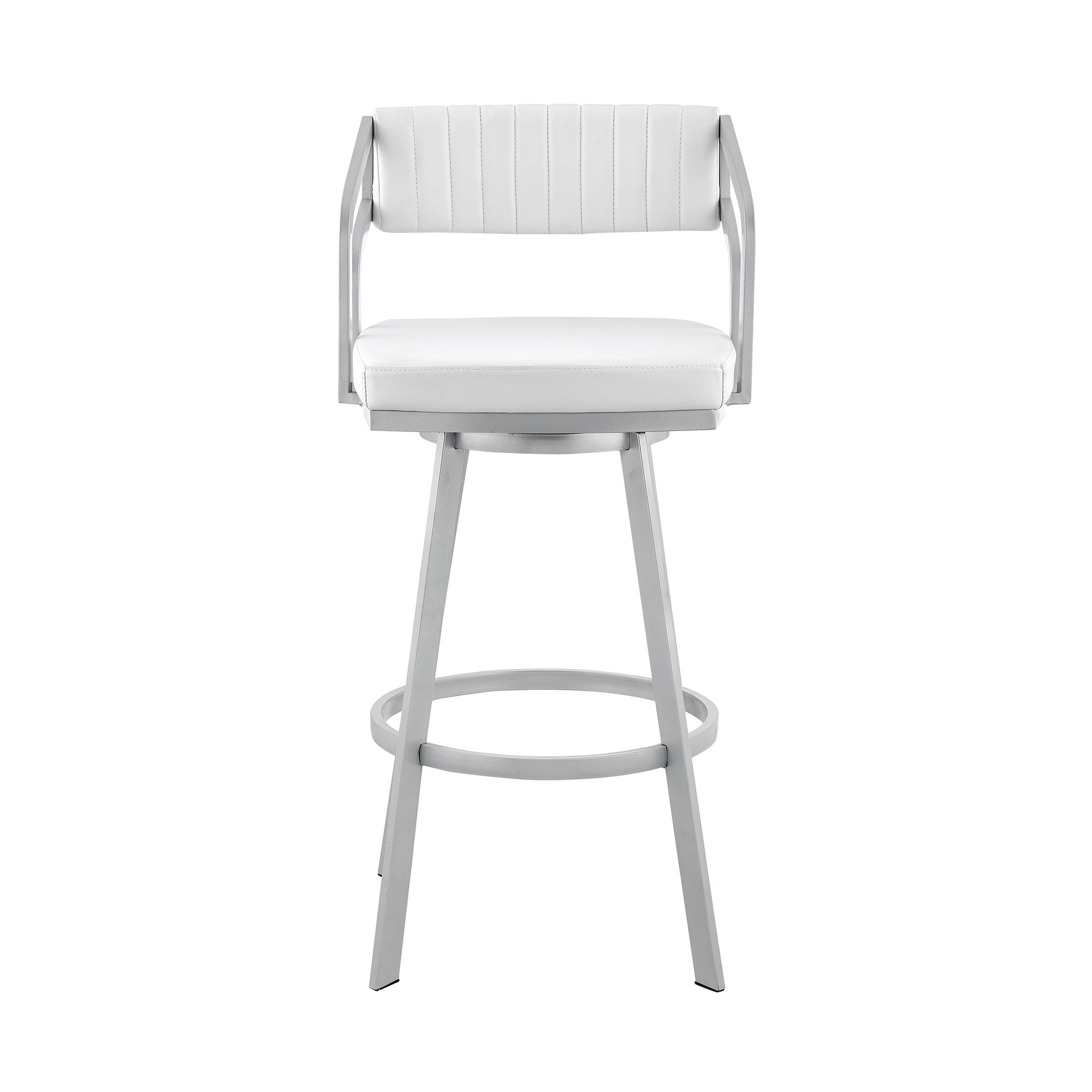 Orlen 26" Swivel White Faux Leather and Silver Metal Bar Stool