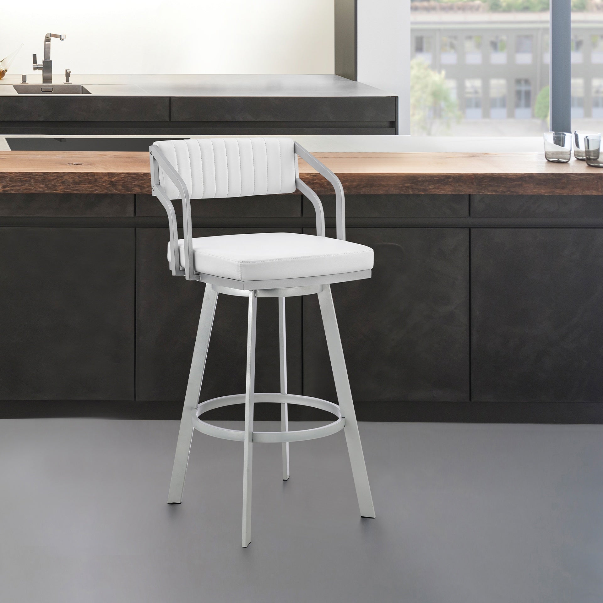 Orlen 26" Swivel White Faux Leather and Silver Metal Bar Stool