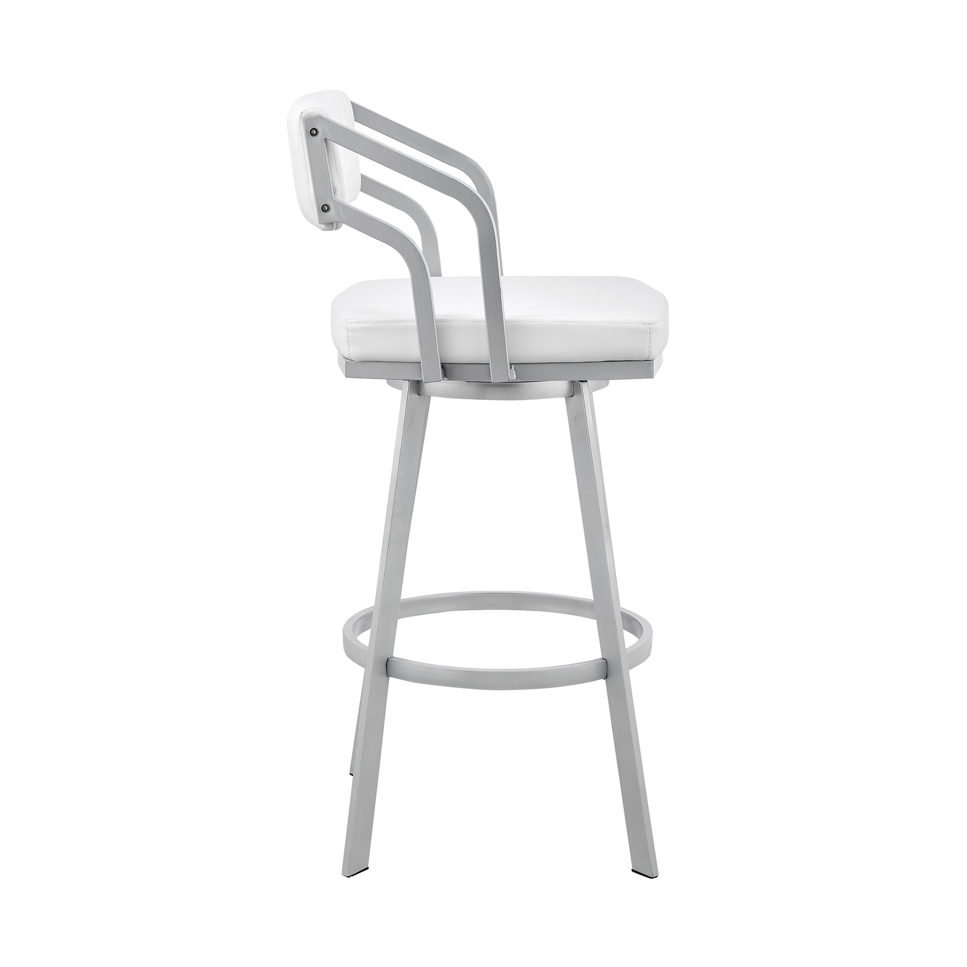 Orlen 26" Swivel White Faux Leather and Silver Metal Bar Stool