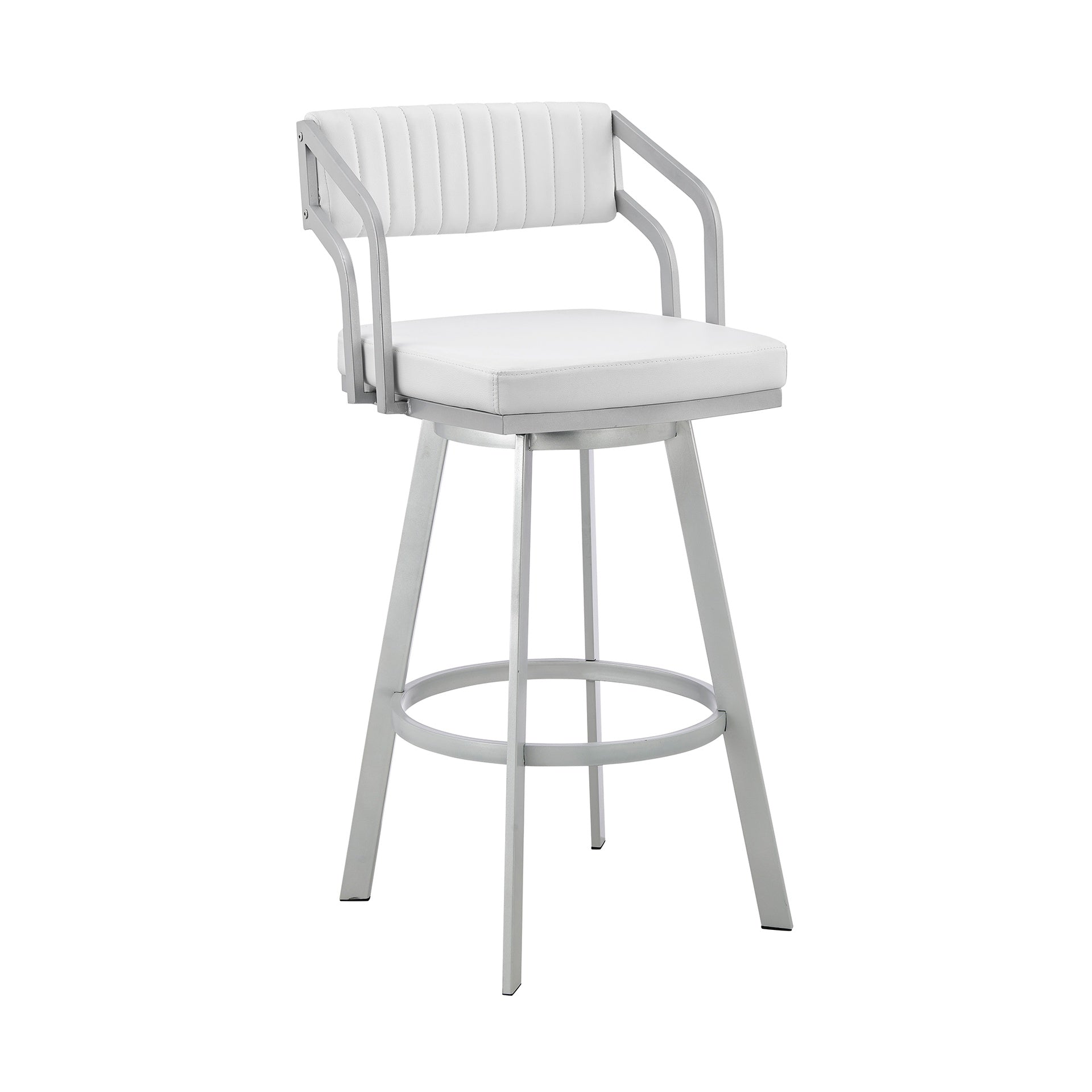 Orlen 26" Swivel White Faux Leather and Silver Metal Bar Stool