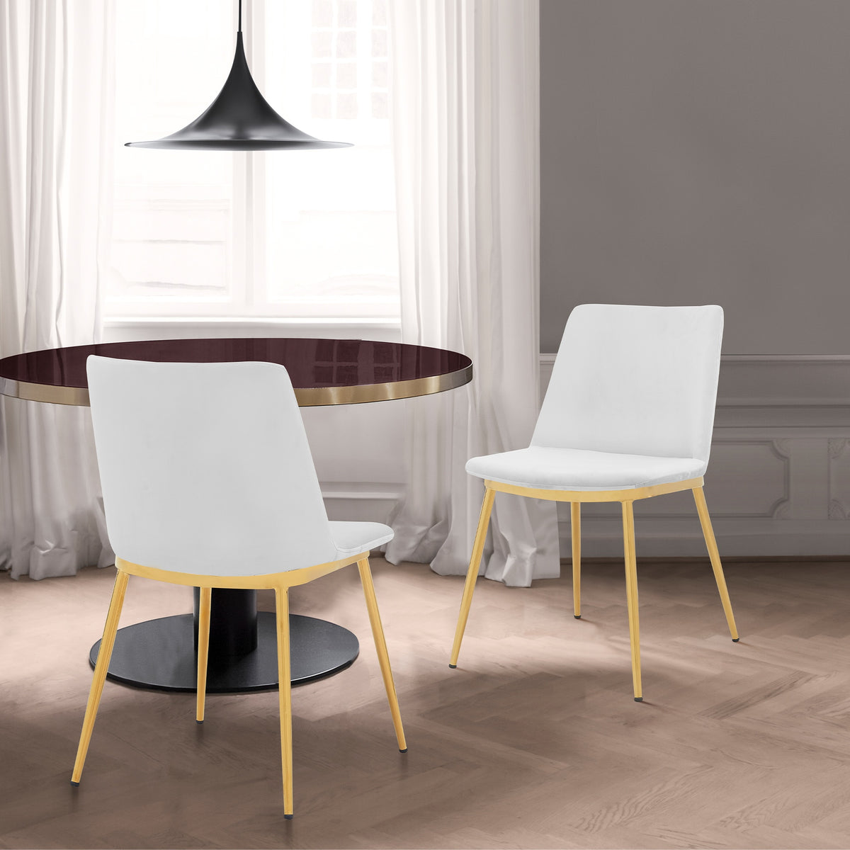 Opalyn Modern White Velvet and Gold Metal Leg Dining Room Chairs - Set of 2