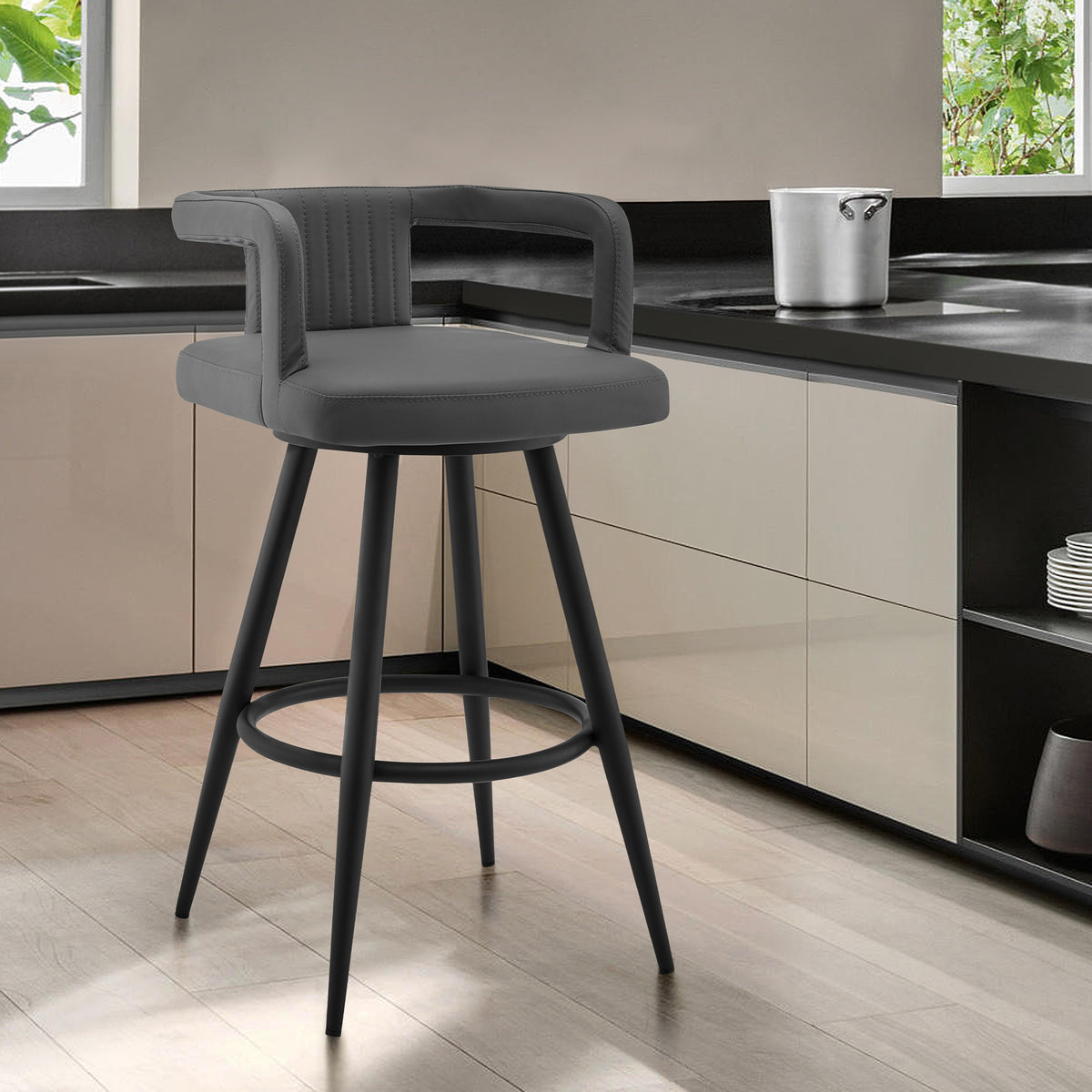 Calden 30" Gray Faux Leather and Black Metal Swivel Bar Stool