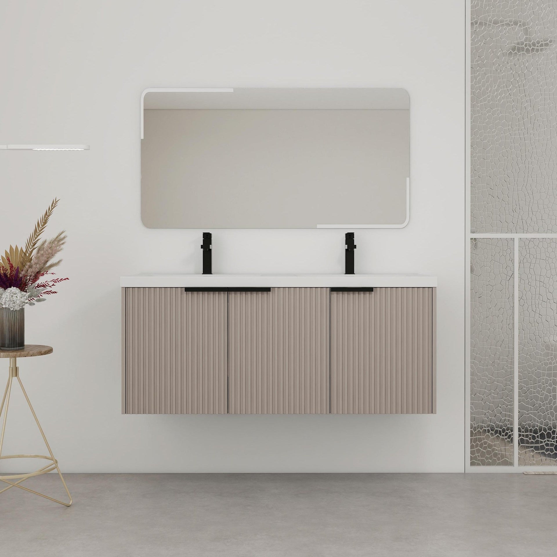 48" Wall Mounted Bathroom Vanity with Resin Double Sink & 3 Soft-Close Doors, KD-Packing
