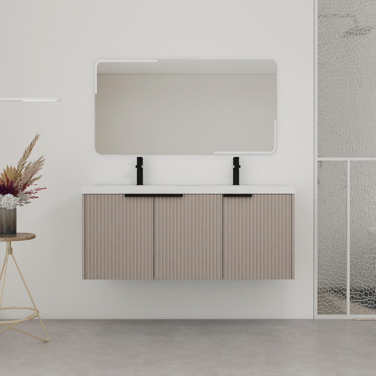 48" Wall Mounted Bathroom Vanity with Resin Double Sink & 3 Soft-Close Doors, KD-Packing