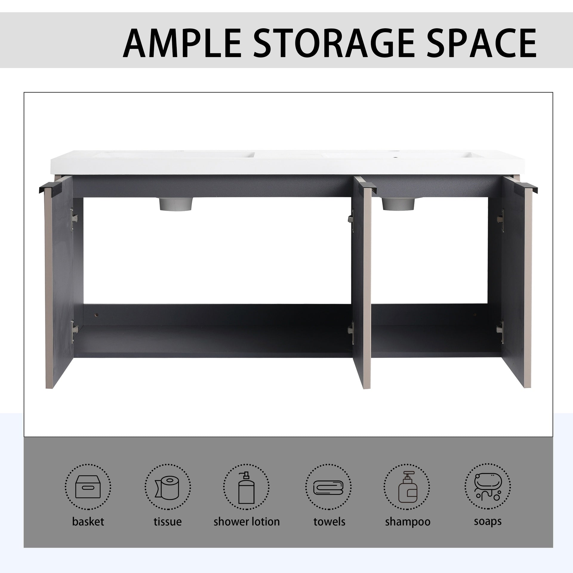 48" Wall Mounted Bathroom Vanity with Resin Double Sink & 3 Soft-Close Doors, KD-Packing