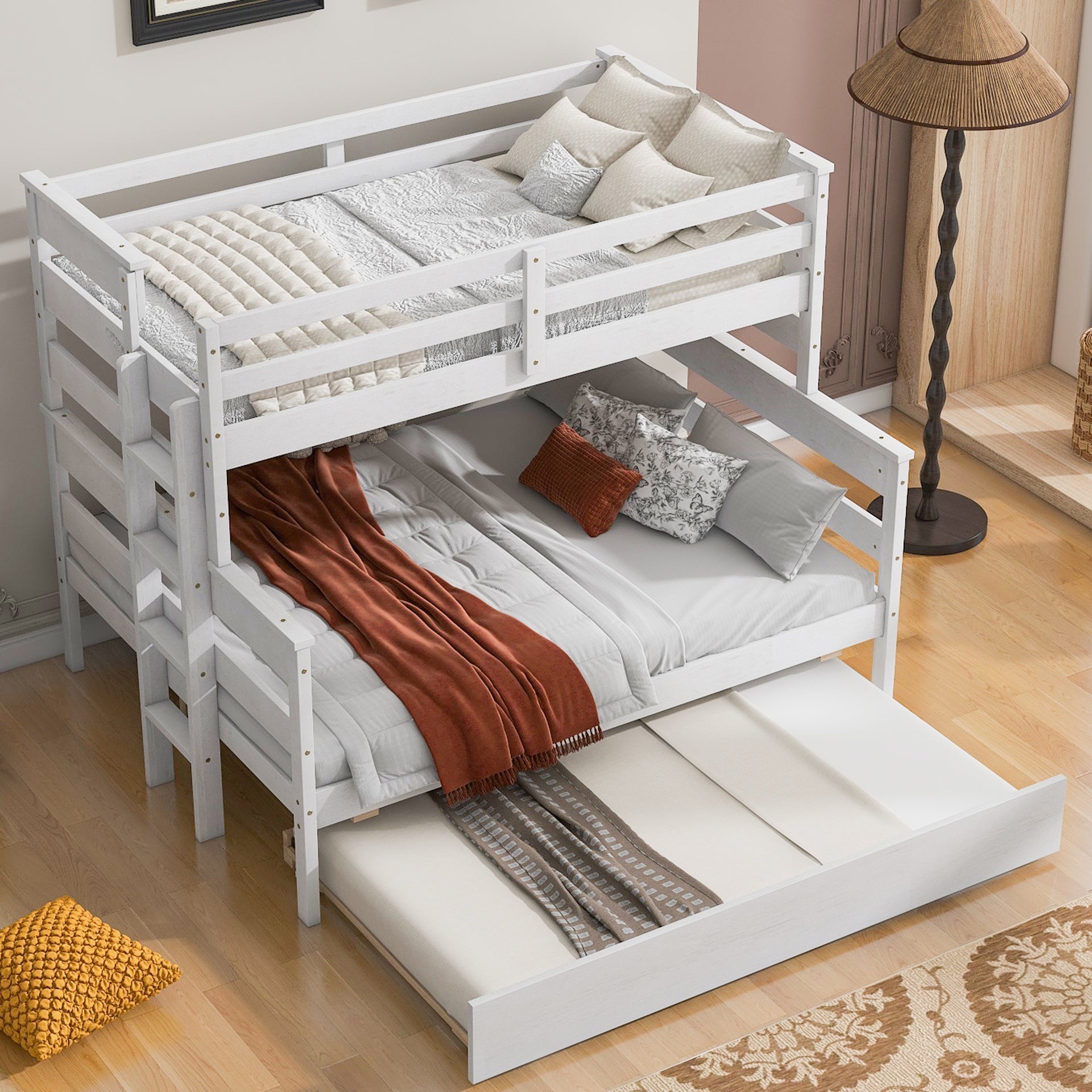 Wood Twin over Full Bunk Bed with Twin Size Trundle, White(Old SKU:GX000448AAK)
