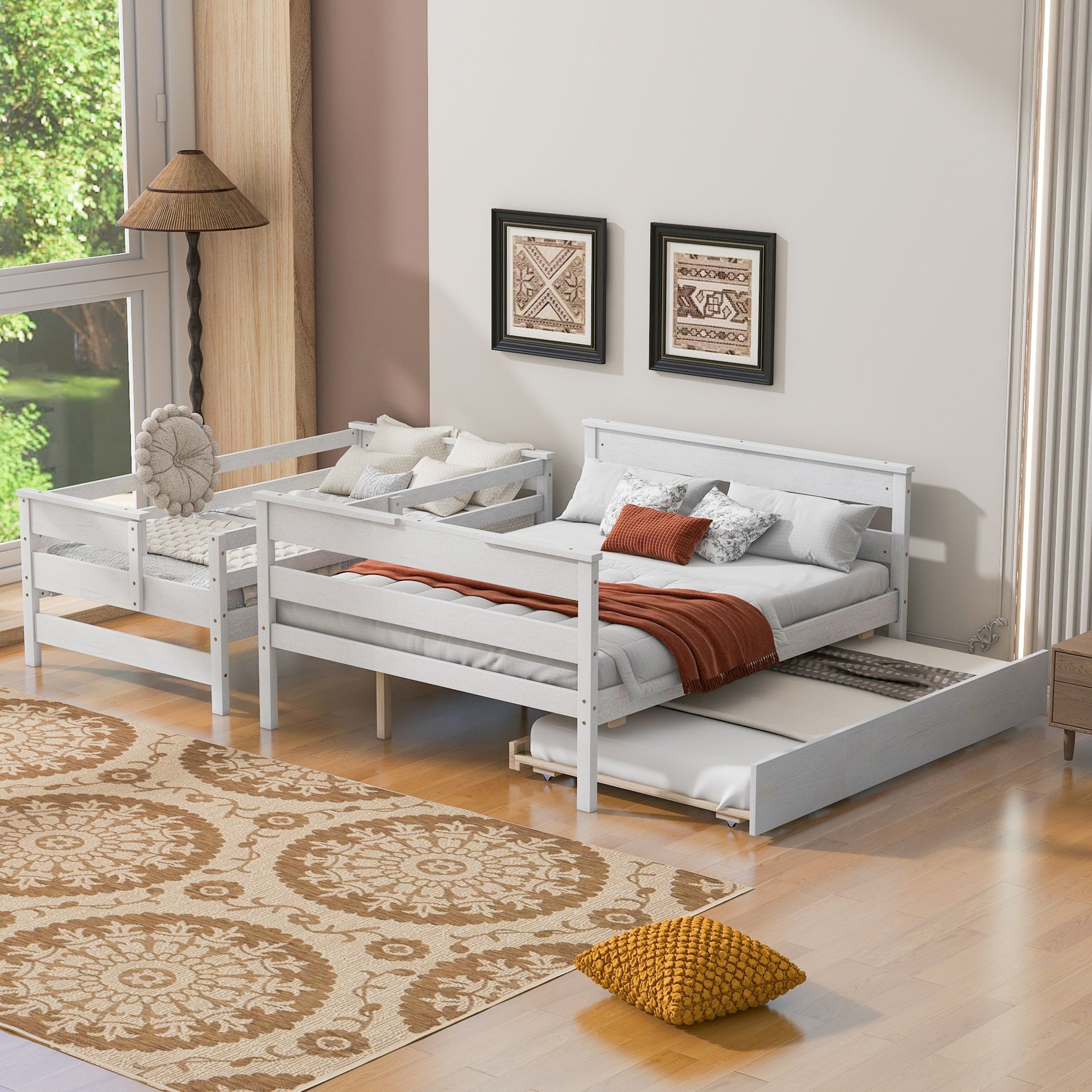 Wood Twin over Full Bunk Bed with Twin Size Trundle, White(Old SKU:GX000448AAK)