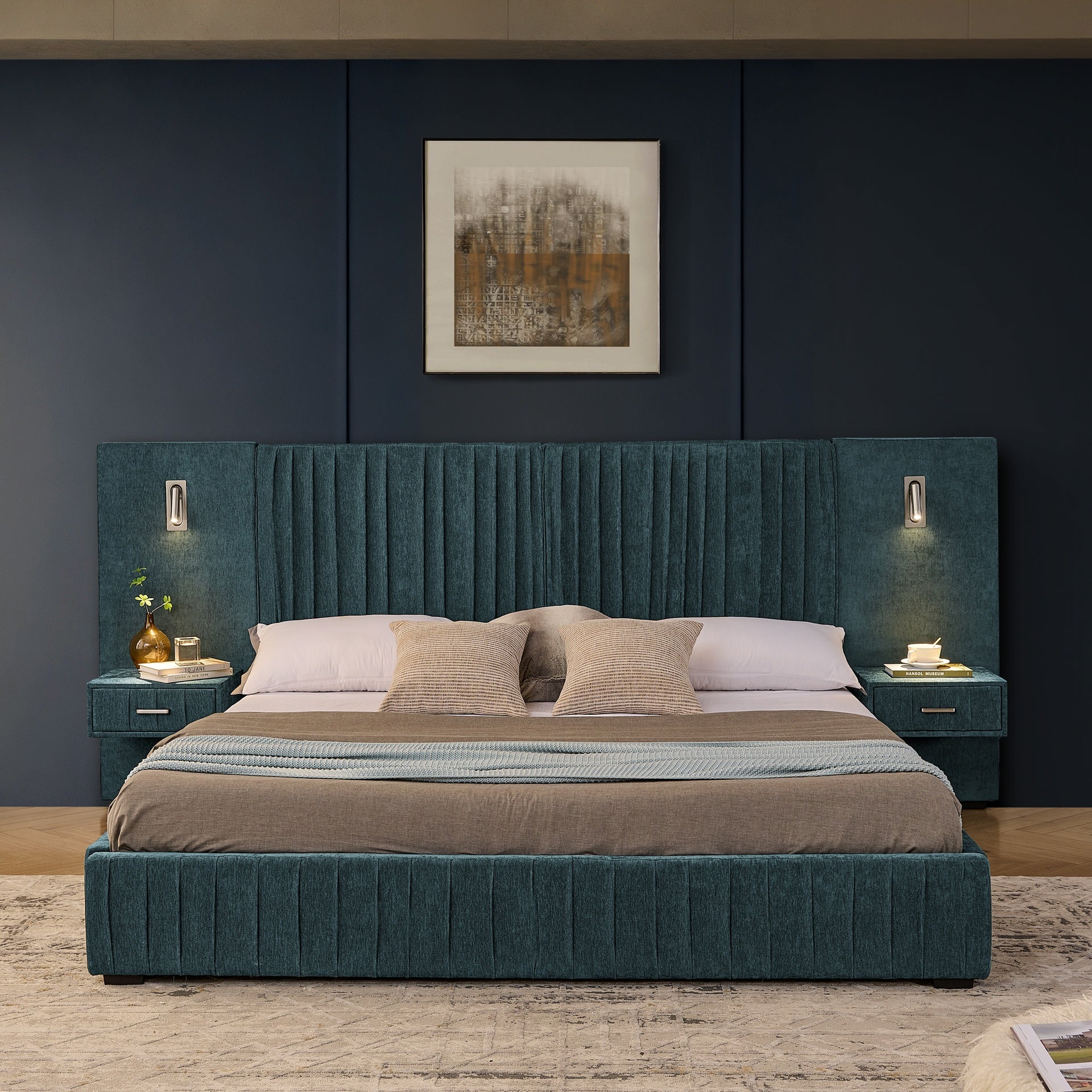 King Size Upholstered Bed Frame with Chenille fabric with pleated design,Grounded King Size Platform Bed with Headboard and Solid Frame and the bedside table.No Box Spring Needed-Blue-Green