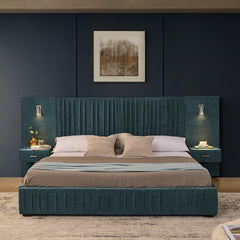 King Size Upholstered Bed Frame with Chenille fabric with pleated design,Grounded King Size Platform Bed with Headboard and Solid Frame and the bedside table.No Box Spring Needed-Blue-Green