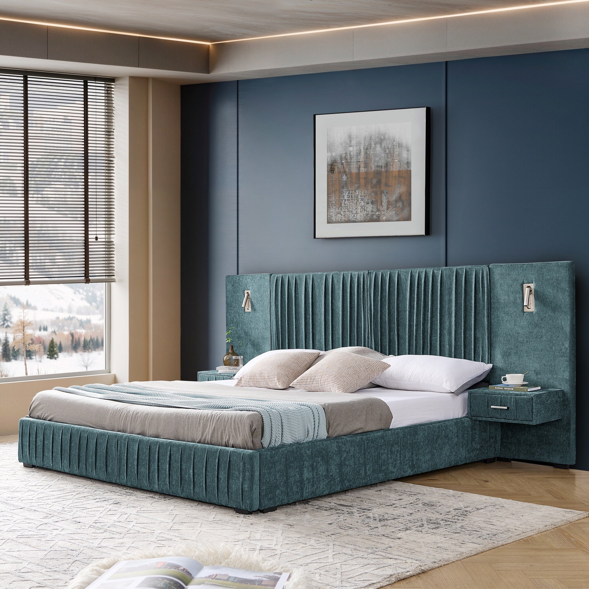 King Size Upholstered Bed Frame with Chenille fabric with pleated design,Grounded King Size Platform Bed with Headboard and Solid Frame and the bedside table.No Box Spring Needed-Blue-Green