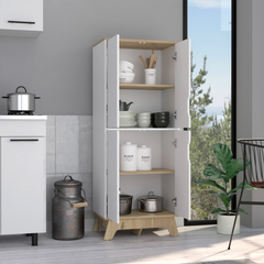 Multistorage cabinet 59" H, four doors, four internal shelves, Light oak / White