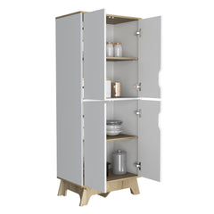 Multistorage cabinet 59" H, four doors, four internal shelves, Light oak / White