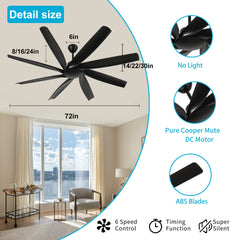 72 inch Ceiling Fans no Light with Remote Control, 8 Reversible Blade, Quiet DC Motor, Timer Function, 6-Speed, Industrial Ceiling Fan for Bedroom Home Kitchen (Black)
