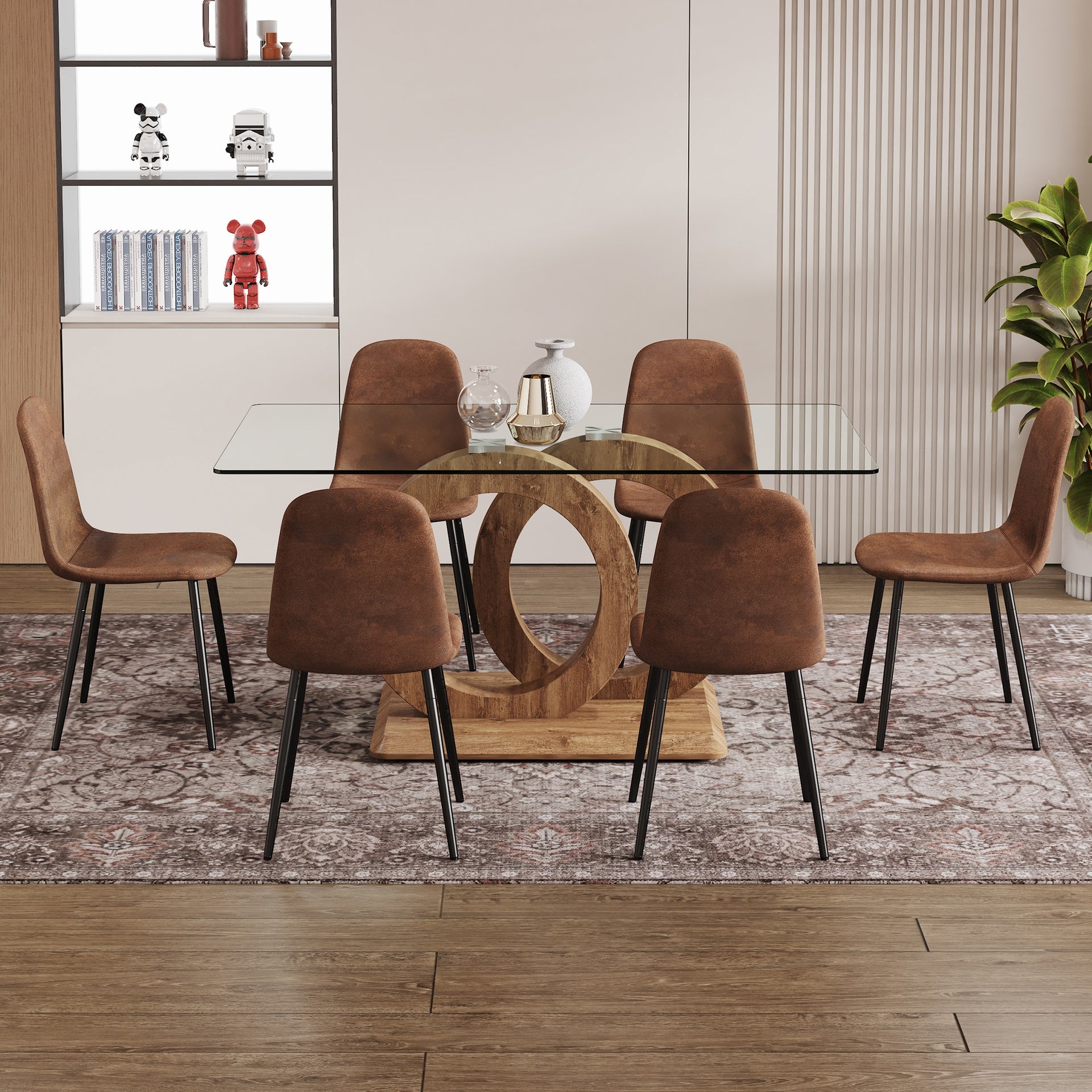 1 table and 6 chairs set.63"x35.4x30" Rectangular Transprant Tempered glass Dining Tabletop with Wood color MDF OC shaped bracket.Paired with 6 brown technology fabric dining chairs.W1151S02013
