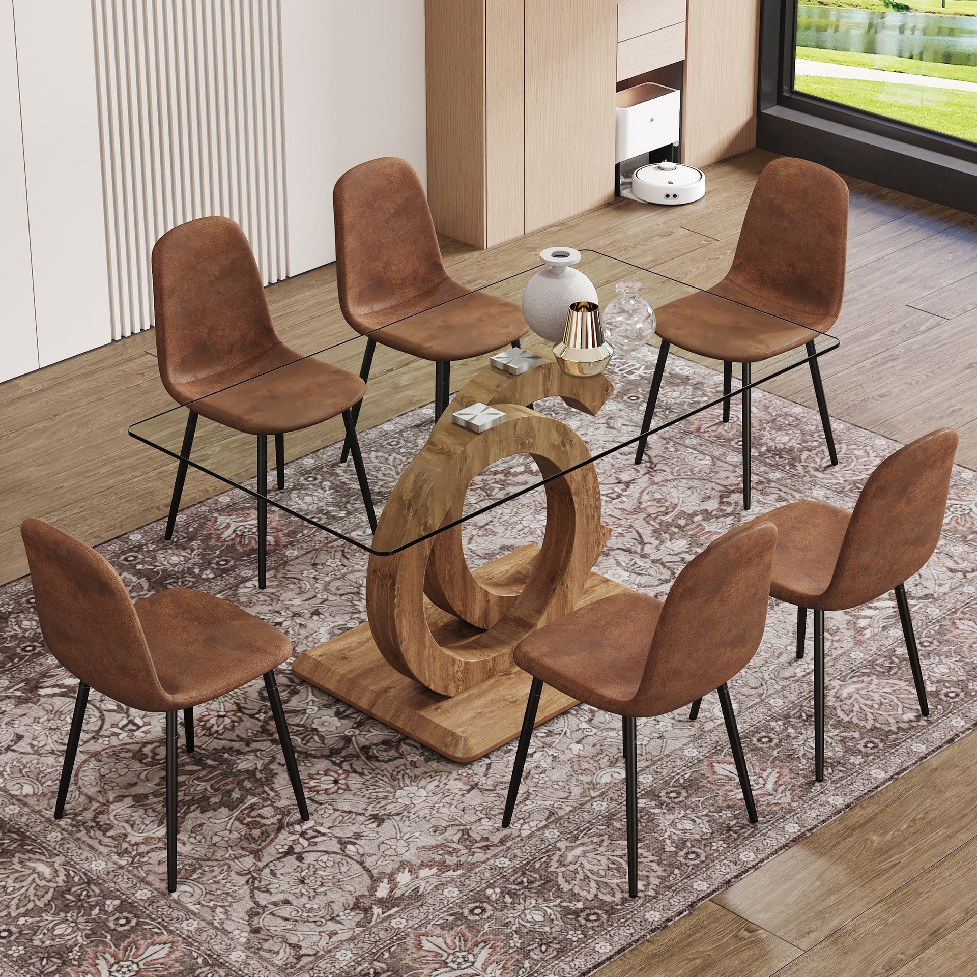 1 table and 6 chairs set.63"x35.4x30" Rectangular Transprant Tempered glass Dining Tabletop with Wood color MDF OC shaped bracket.Paired with 6 brown technology fabric dining chairs.W1151S02013