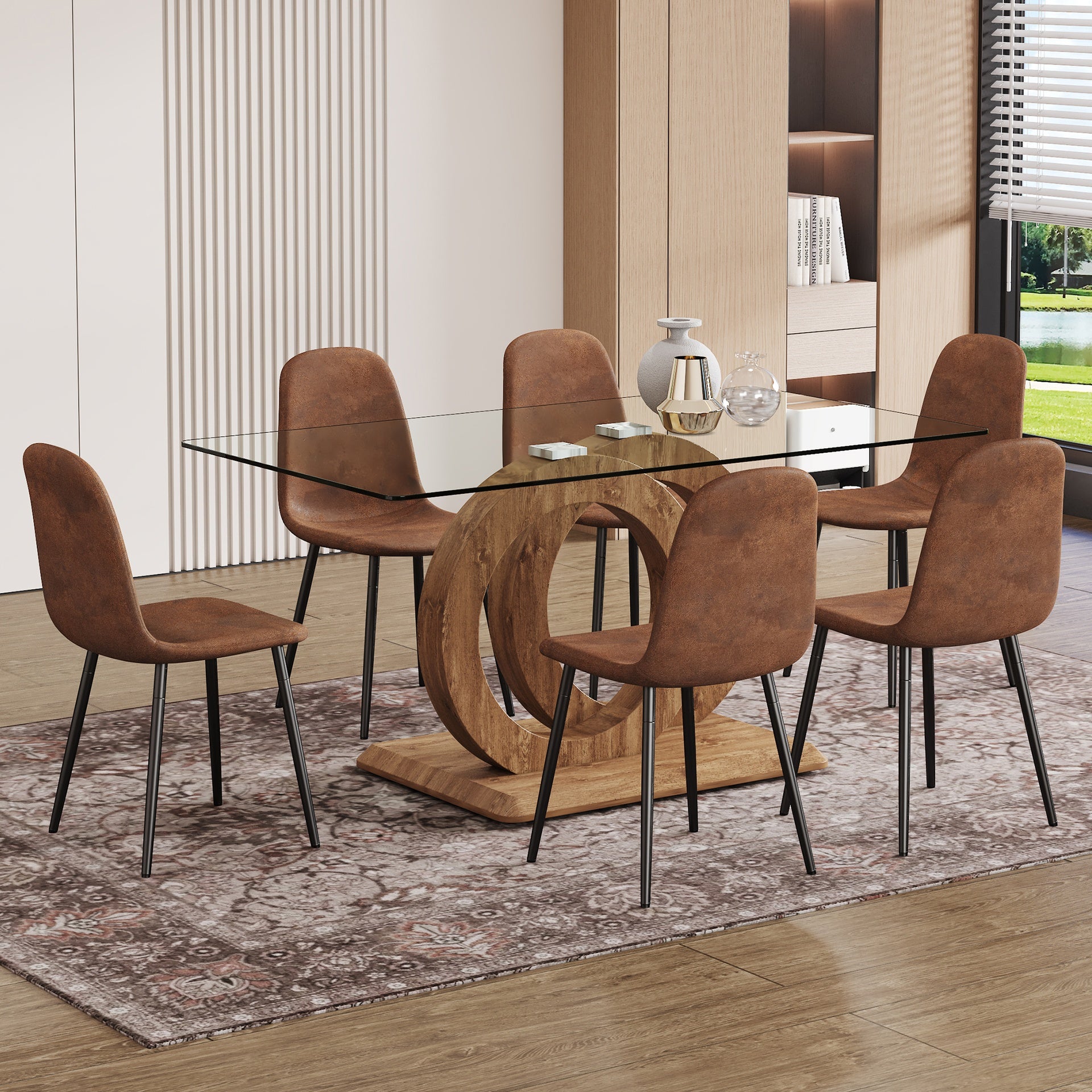 1 table and 6 chairs set.63"x35.4x30" Rectangular Transprant Tempered glass Dining Tabletop with Wood color MDF OC shaped bracket.Paired with 6 brown technology fabric dining chairs.W1151S02013