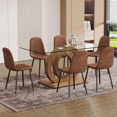 1 table and 6 chairs set.63"x35.4x30" Rectangular Transprant Tempered glass Dining Tabletop with Wood color MDF OC shaped bracket.Paired with 6 brown technology fabric dining chairs.W1151S02013