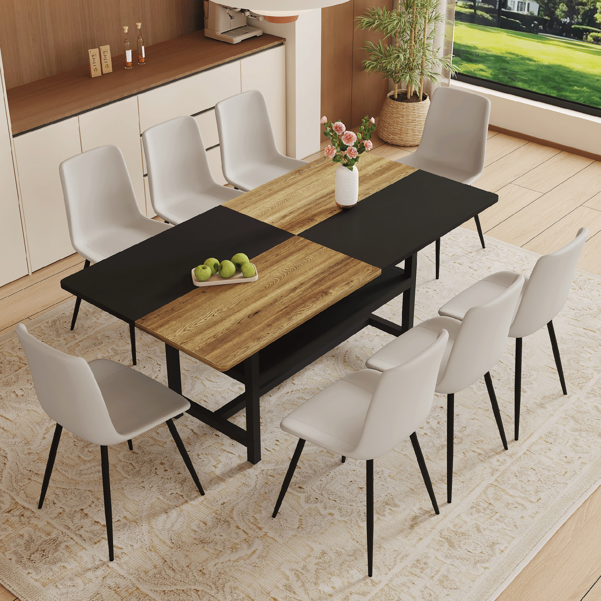 Table and chair set.71*35.4 inch Wooden And Black Spliced Dining Table With Storage Function In The Middle Of The Table Legs.Paired With 8 Warm Light Gray PU Chairs With Curved Widened Cushion Design.