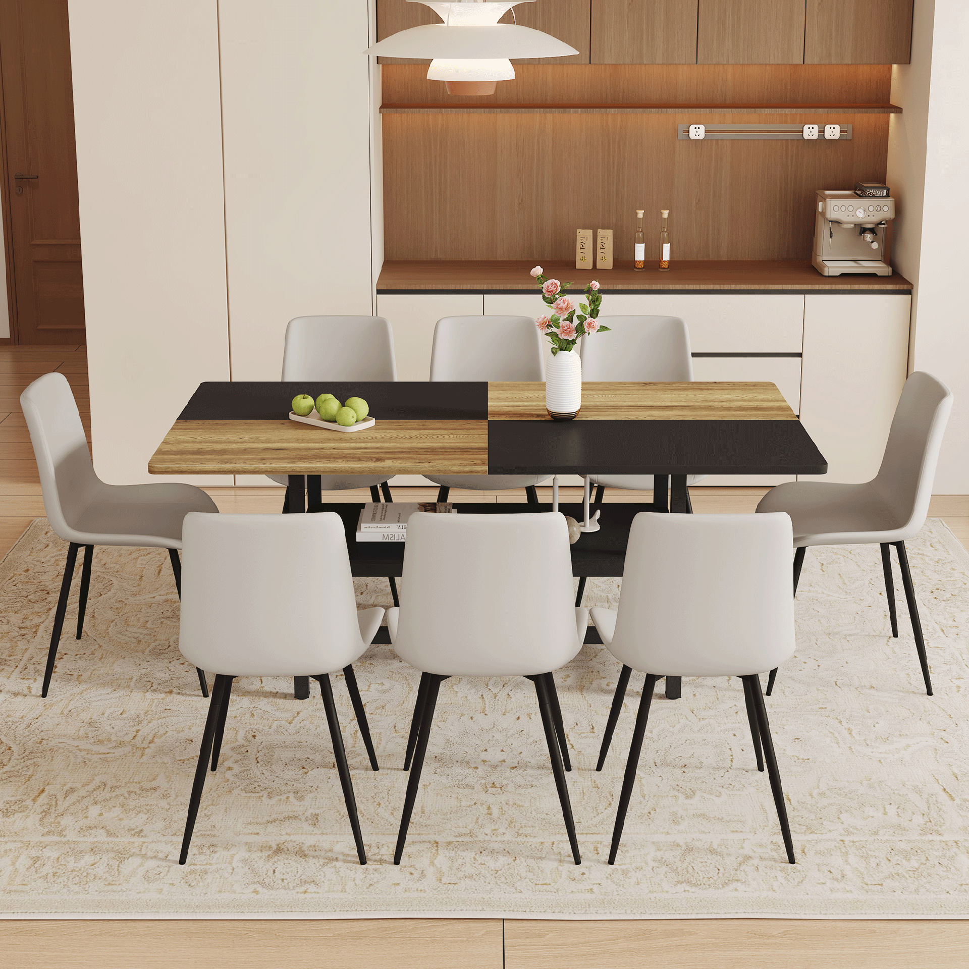 Table and chair set.71*35.4 inch Wooden And Black Spliced Dining Table With Storage Function In The Middle Of The Table Legs.Paired With 8 Warm Light Gray PU Chairs With Curved Widened Cushion Design.