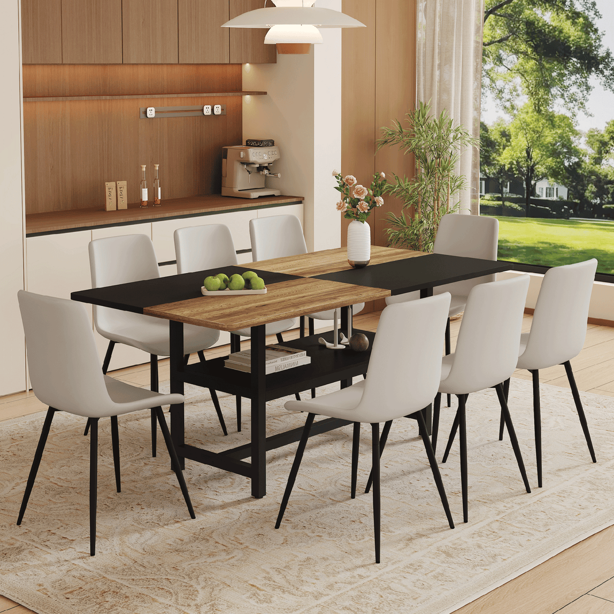 Table and chair set.71*35.4 inch Wooden And Black Spliced Dining Table With Storage Function In The Middle Of The Table Legs.Paired With 8 Warm Light Gray PU Chairs With Curved Widened Cushion Design.