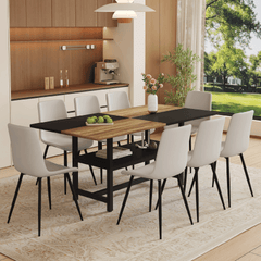 Table and chair set.71*35.4 inch Wooden And Black Spliced Dining Table With Storage Function In The Middle Of The Table Legs.Paired With 8 Warm Light Gray PU Chairs With Curved Widened Cushion Design.