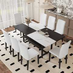 Table and chair set.71*35.4 inch White And Black Spliced Dining Table With Storage Function In The Middle Of The Table Legs.Paired With 8 White PU Dining Chairs, Simple And Versatile.