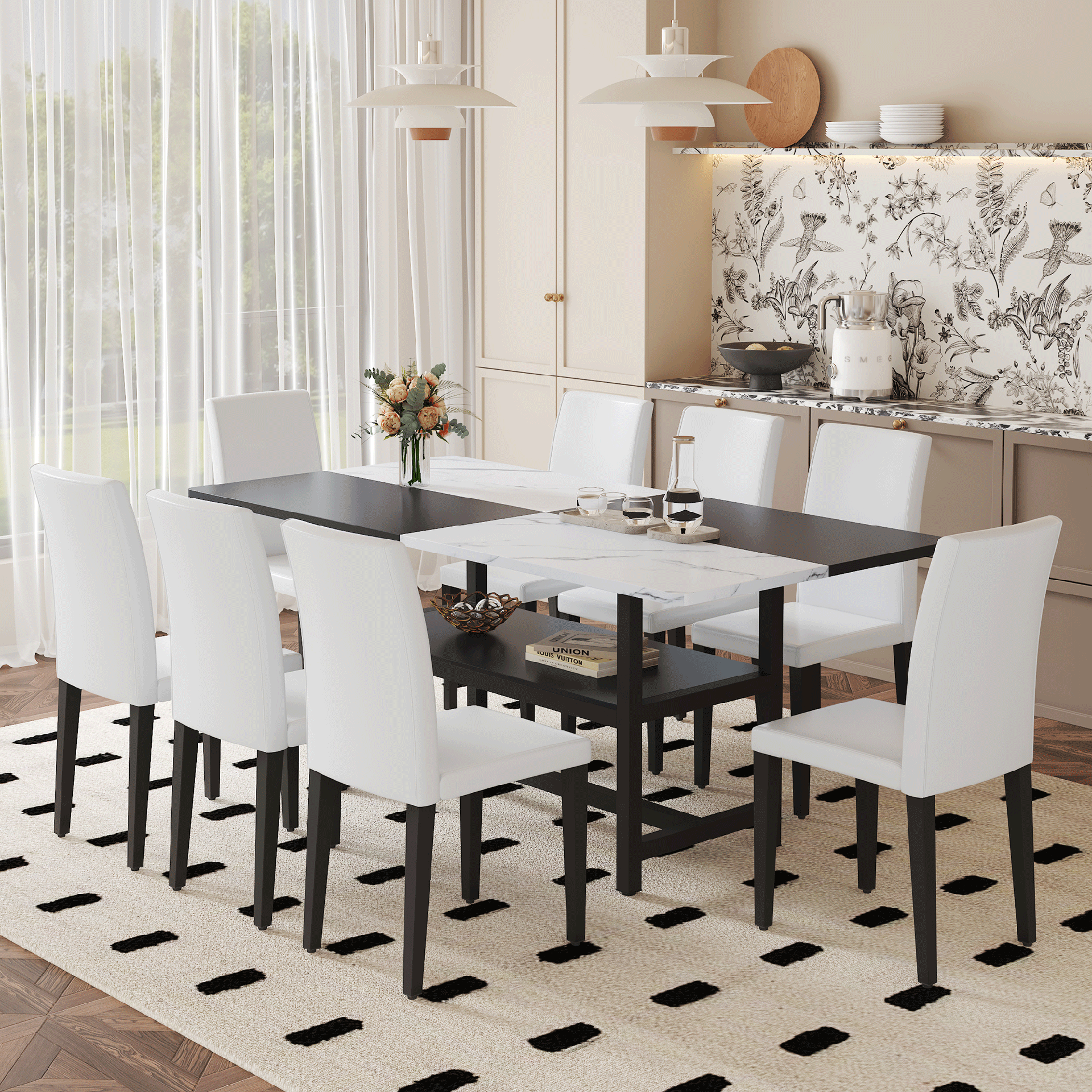Table and chair set.71*35.4 inch White And Black Spliced Dining Table With Storage Function In The Middle Of The Table Legs.Paired With 8 White PU Dining Chairs, Simple And Versatile.