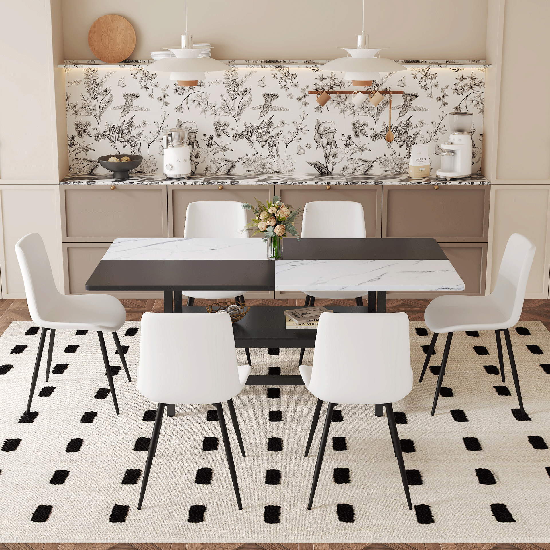 Table and chair set.71*35.4 inch White And Black Spliced Dining Table With Storage Function In The Middle Of The Table Legs.Paired With 6 White Artificial PU Chairs With Curved Widened Cushion Design.