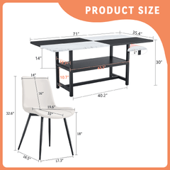 Table and chair set.71*35.4 inch White And Black Spliced Dining Table With Storage Function In The Middle Of The Table Legs.Paired With 6 White Artificial PU Chairs With Curved Widened Cushion Design.