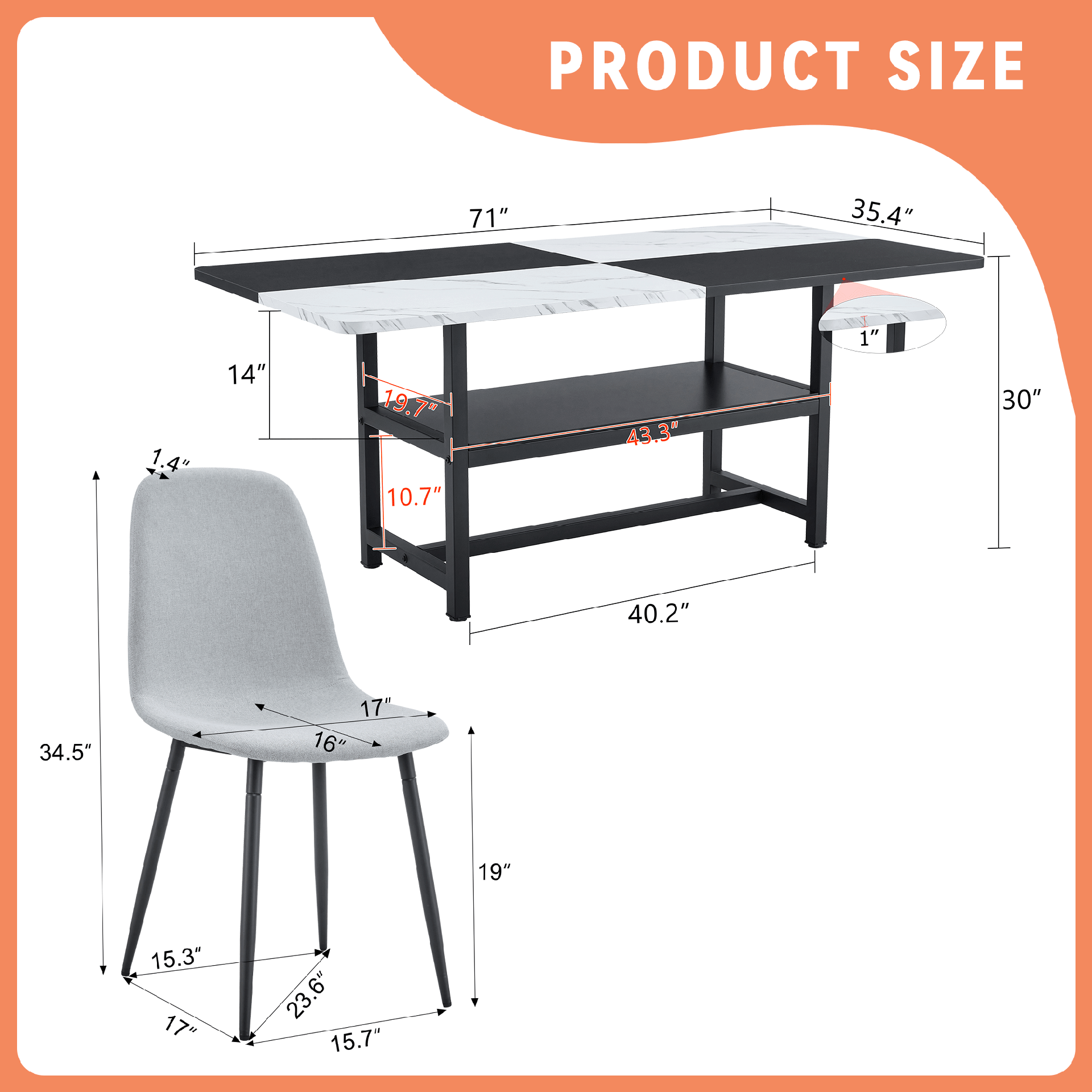 Table and chair set.71*35.4 inch White And Black Spliced Dining Table With Storage Function In The Middle Of The Table Legs.Paired With 8 Light Gray Linen Fabric Chairs.