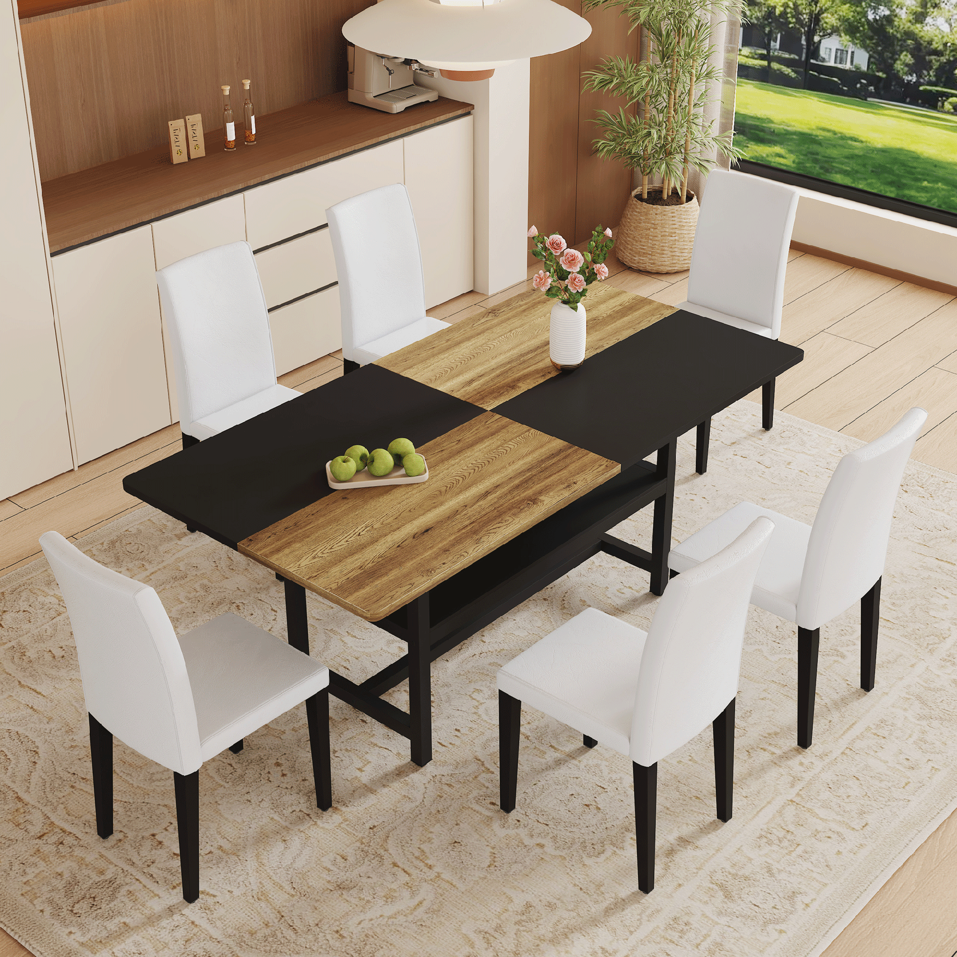 Table and chair set.71*35.4 inch Wooden And Black Spliced Dining Table With Storage Function In The Middle Of The Table Legs.Paired With 6 White PU Dining Chairs, Simple And Versatile.