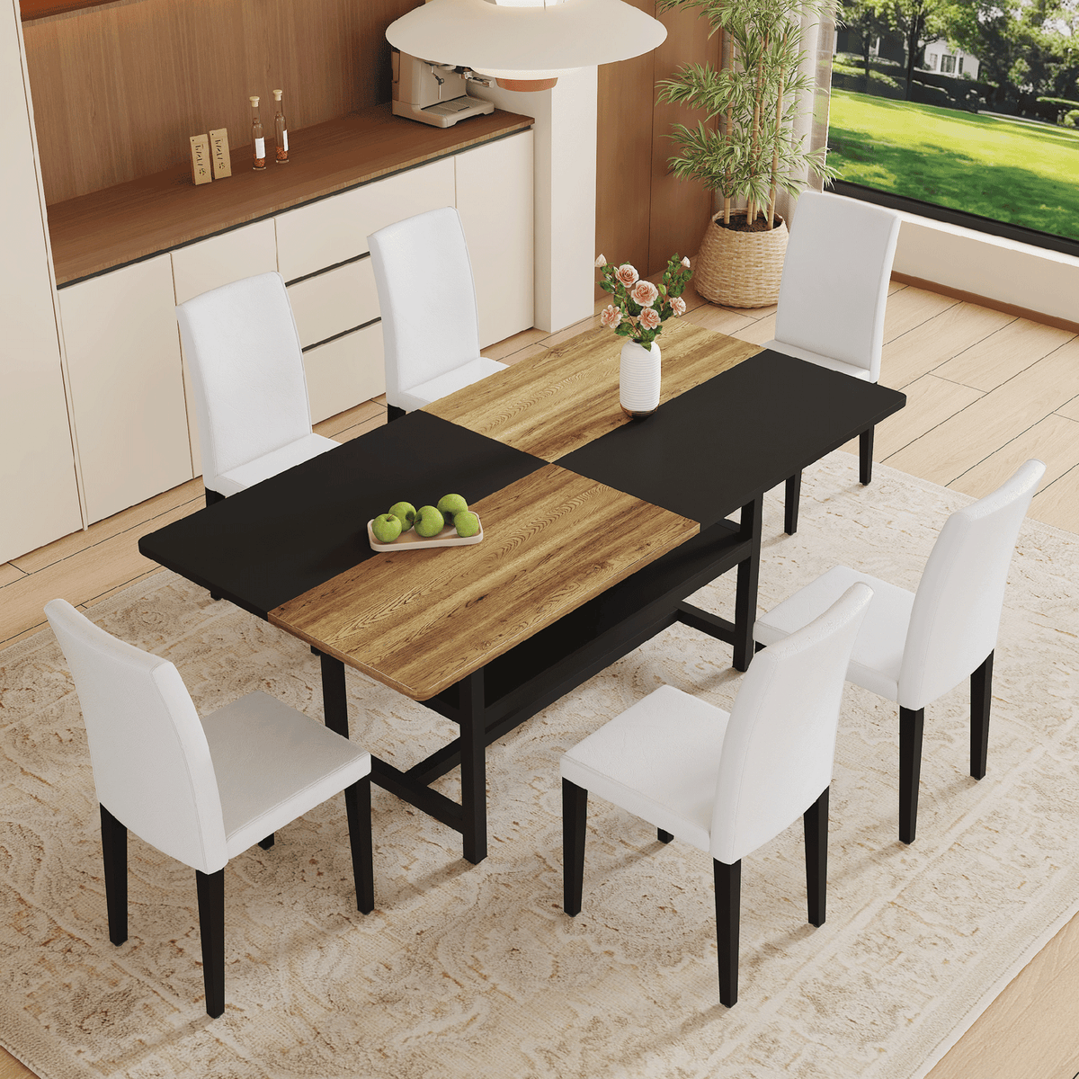 Table and chair set.71*35.4 inch Wooden And Black Spliced Dining Table With Storage Function In The Middle Of The Table Legs.Paired With 6 White PU Dining Chairs, Simple And Versatile.