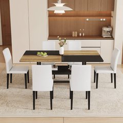 Table and chair set.71*35.4 inch Wooden And Black Spliced Dining Table With Storage Function In The Middle Of The Table Legs.Paired With 6 White PU Dining Chairs, Simple And Versatile.