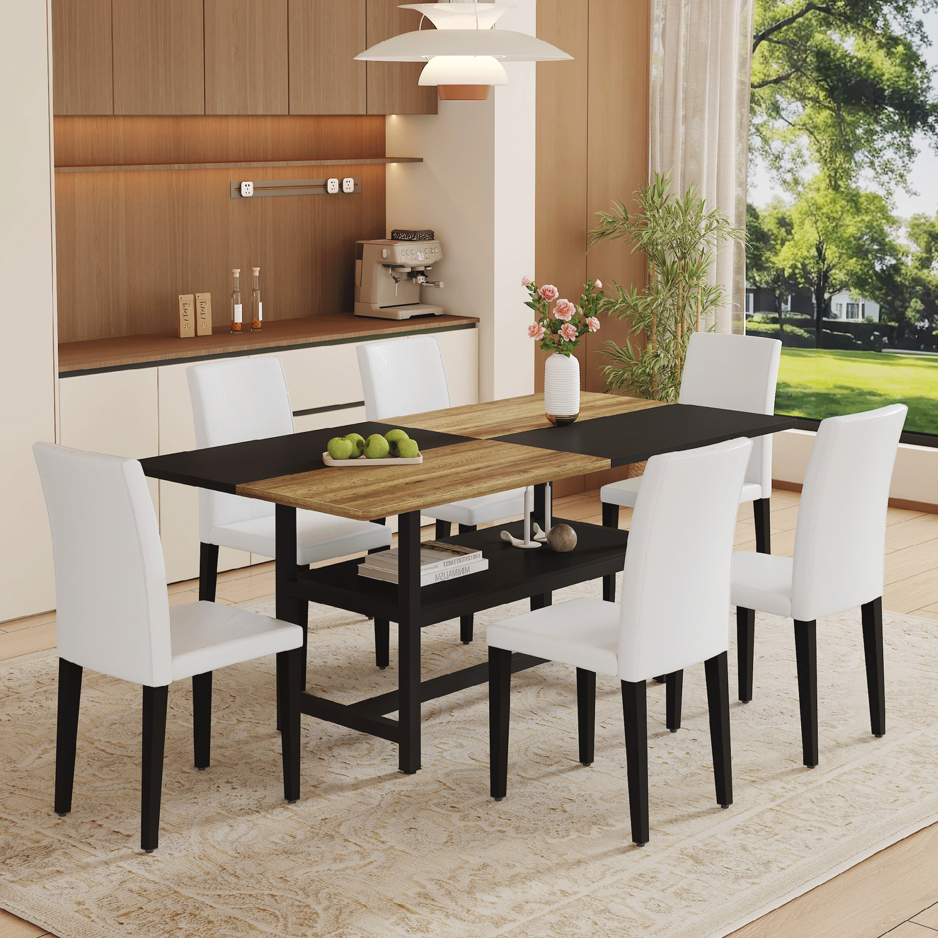 Table and chair set.71*35.4 inch Wooden And Black Spliced Dining Table With Storage Function In The Middle Of The Table Legs.Paired With 6 White PU Dining Chairs, Simple And Versatile.