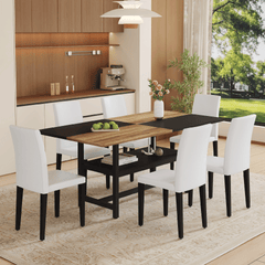 Table and chair set.71*35.4 inch Wooden And Black Spliced Dining Table With Storage Function In The Middle Of The Table Legs.Paired With 6 White PU Dining Chairs, Simple And Versatile.