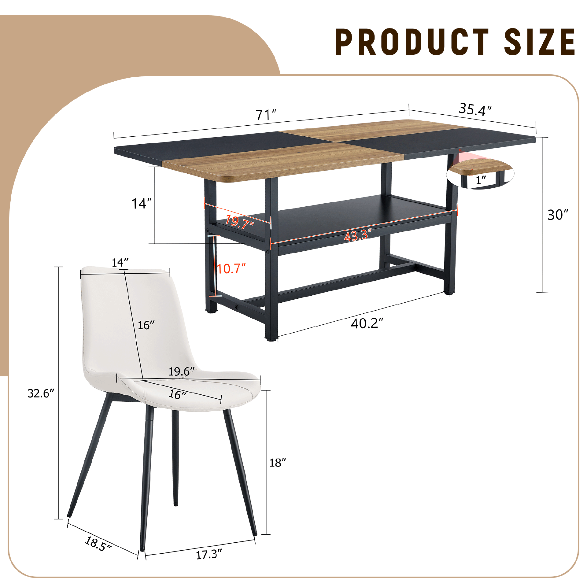 Table and chair set.71*35.4 inch Wooden And Black Spliced Dining Table With Storage Function In The Middle Of The Table Legs.Paired With 6 White Artificial PU Chairs With Curved Widened Cushion Design