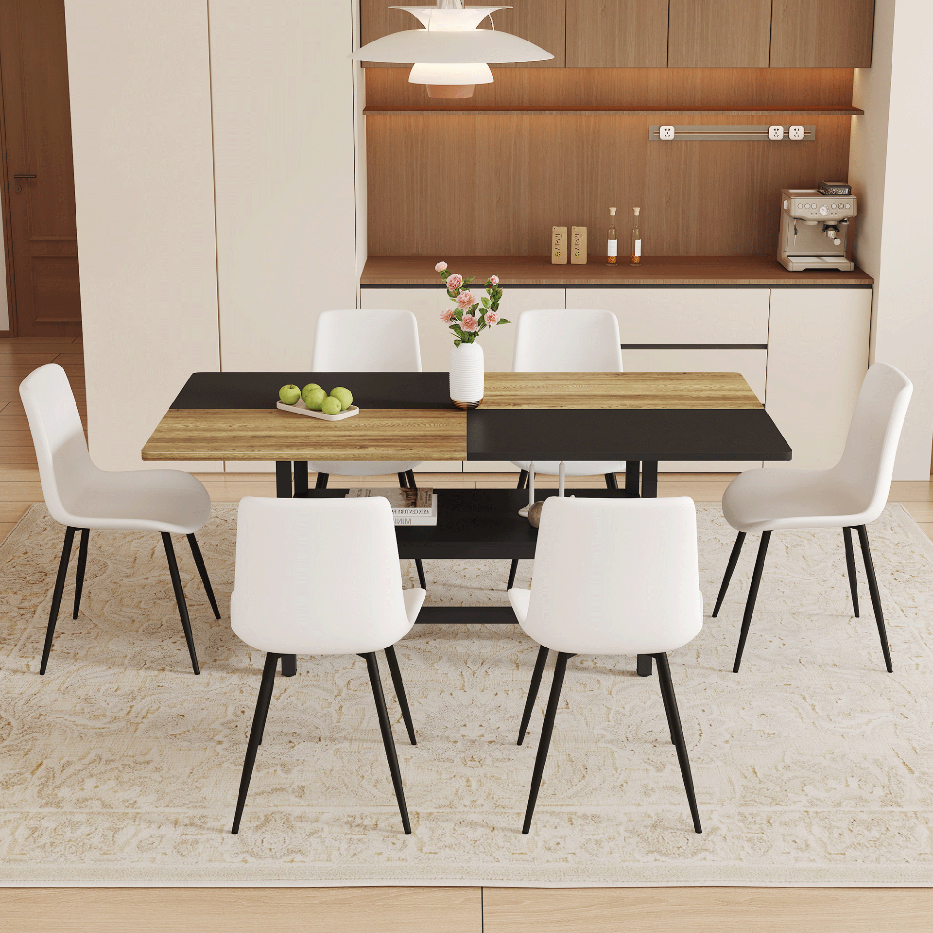 Table and chair set.71*35.4 inch Wooden And Black Spliced Dining Table With Storage Function In The Middle Of The Table Legs.Paired With 6 White Artificial PU Chairs With Curved Widened Cushion Design