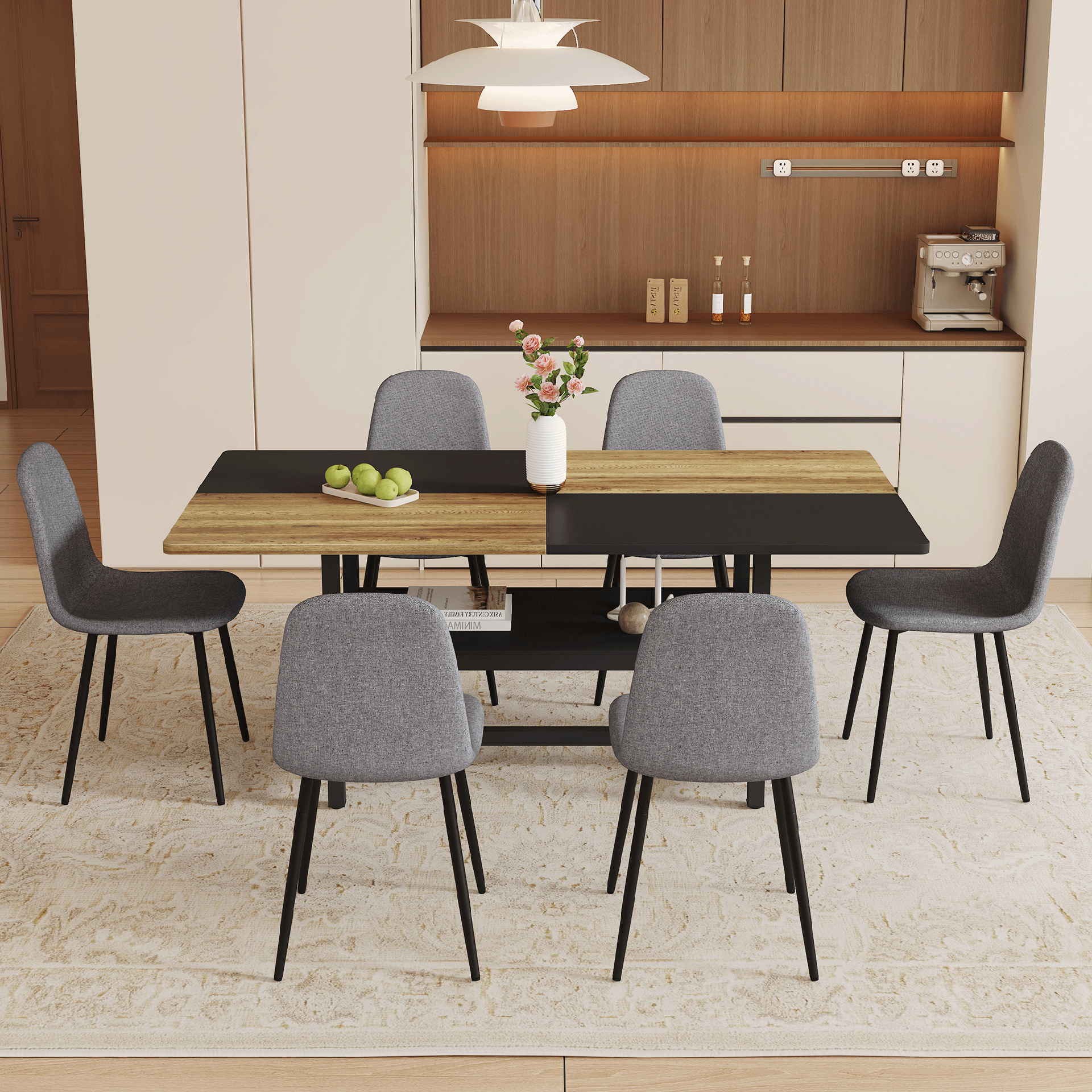 Table and chair set.71*35.4 inch Wooden And Black Spliced Dining Table With Storage Function In The Middle Of The Table Legs.Paired With 6 Chairs Made Of Dark Gray Lnen Fabric.Iron pipe spraying Legs.
