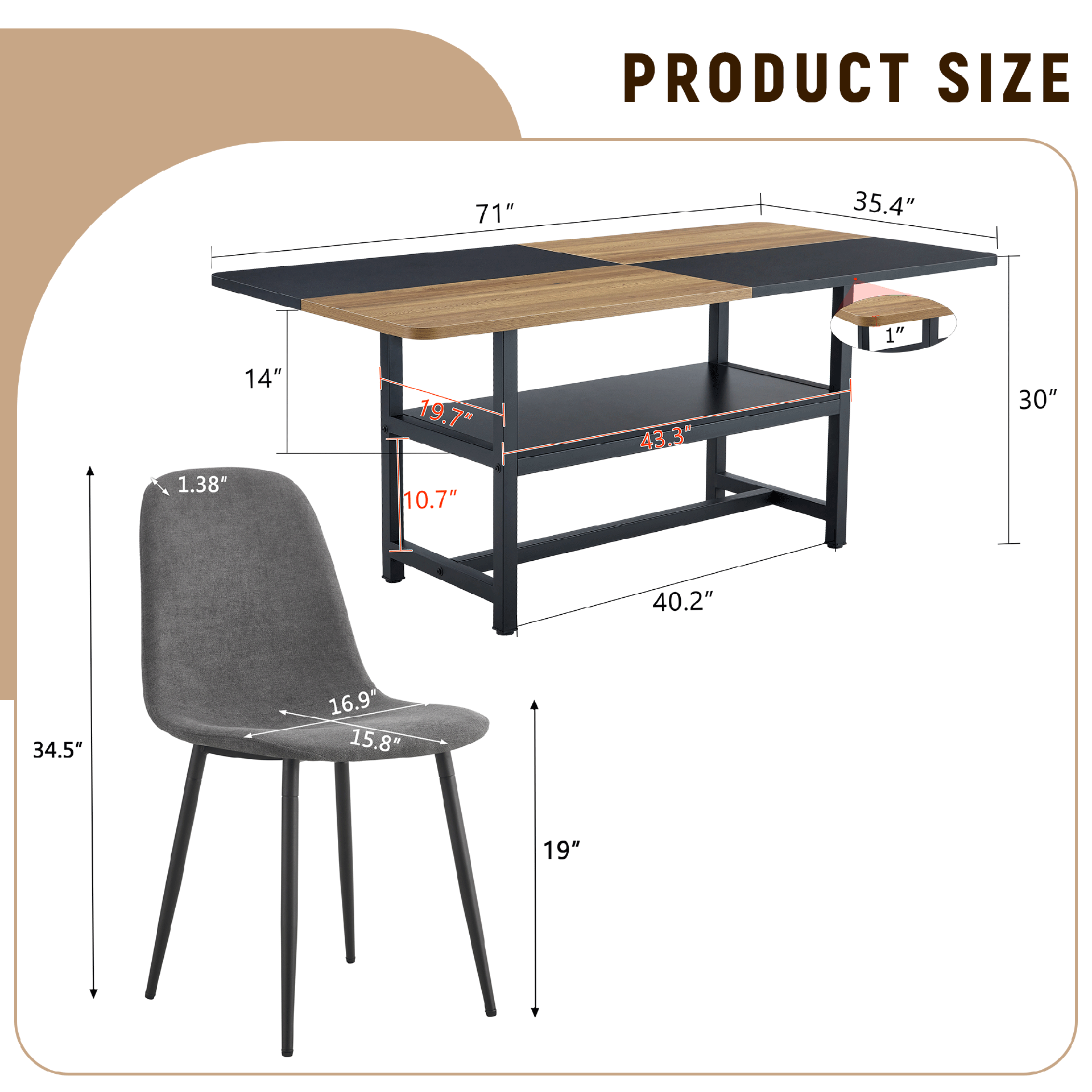 Table and chair set.71*35.4 inch Wooden And Black Spliced Dining Table With Storage Function In The Middle Of The Table Legs.Paired With 6 Chairs Made Of Dark Gray Lnen Fabric.Iron pipe spraying Legs.
