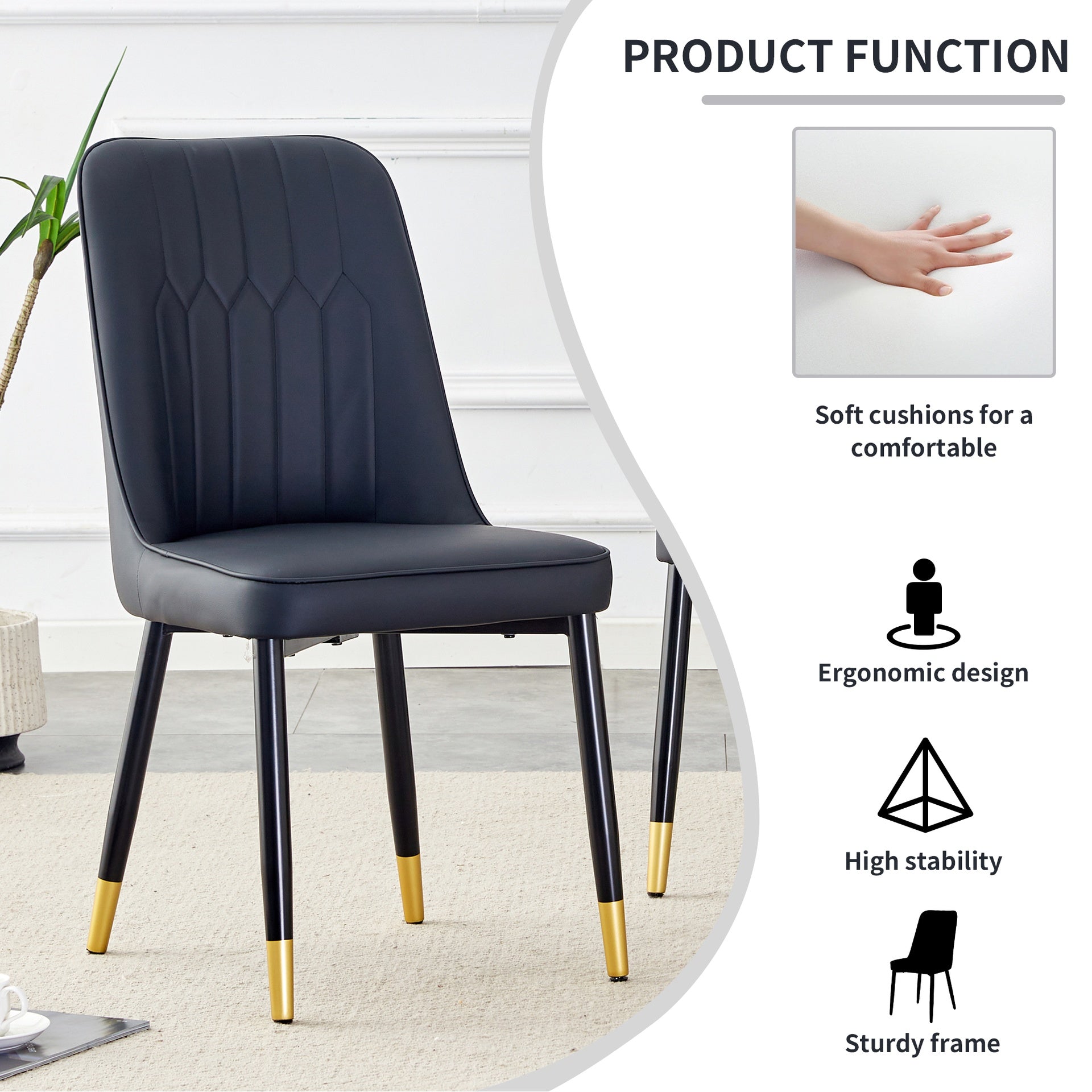 Modern dining chairs, equipped with PU artificial leather backrest cushions and black metal legs, suitable for restaurants, kitchens, and bedrooms. Set of 6 pieces (black+PU leather)C-007