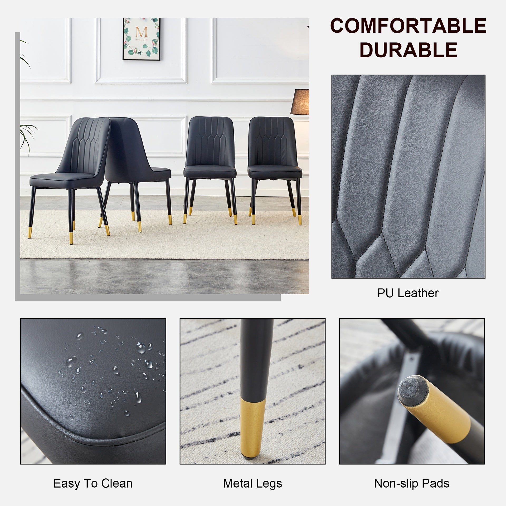 Modern dining chairs, equipped with PU artificial leather backrest cushions and black metal legs, suitable for restaurants, kitchens, and bedrooms. Set of 6 pieces (black+PU leather)C-007