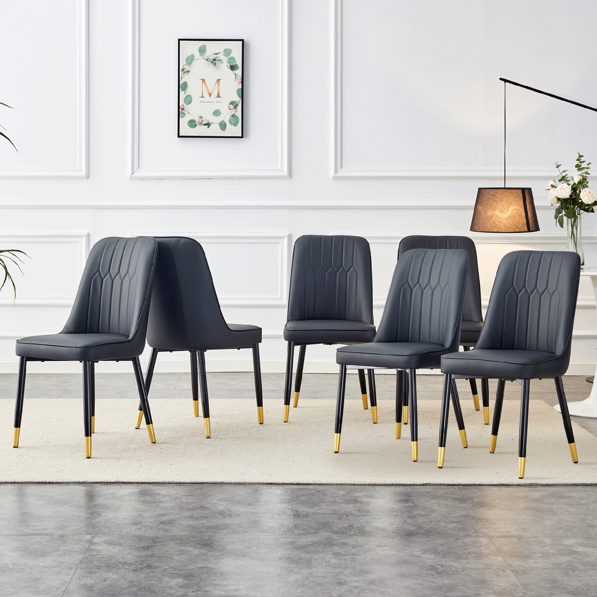 Modern dining chairs, equipped with PU artificial leather backrest cushions and black metal legs, suitable for restaurants, kitchens, and bedrooms. Set of 6 pieces (black+PU leather)C-007