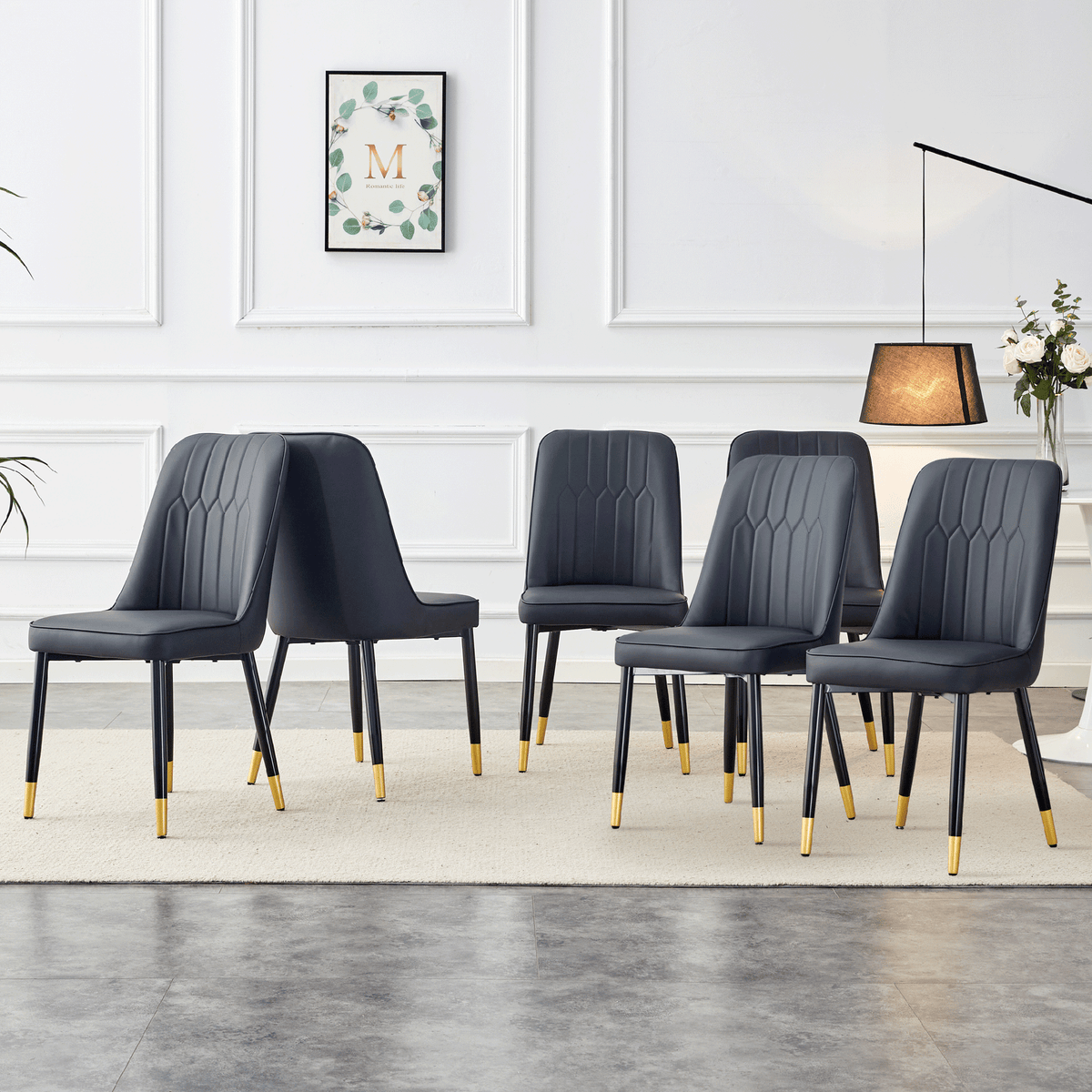 Modern dining chairs, equipped with PU artificial leather backrest cushions and black metal legs, suitable for restaurants, kitchens, and bedrooms. Set of 6 pieces (black+PU leather)C-007
