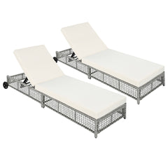 TREXM Outdoor Lounge Chair, Patio Chaise Lounge with 5-Position Backrest, Rattan Outdoor Lounge Chair with Cushion and Wheels for Poolside, Backyard, Garden (Grey+Beige)